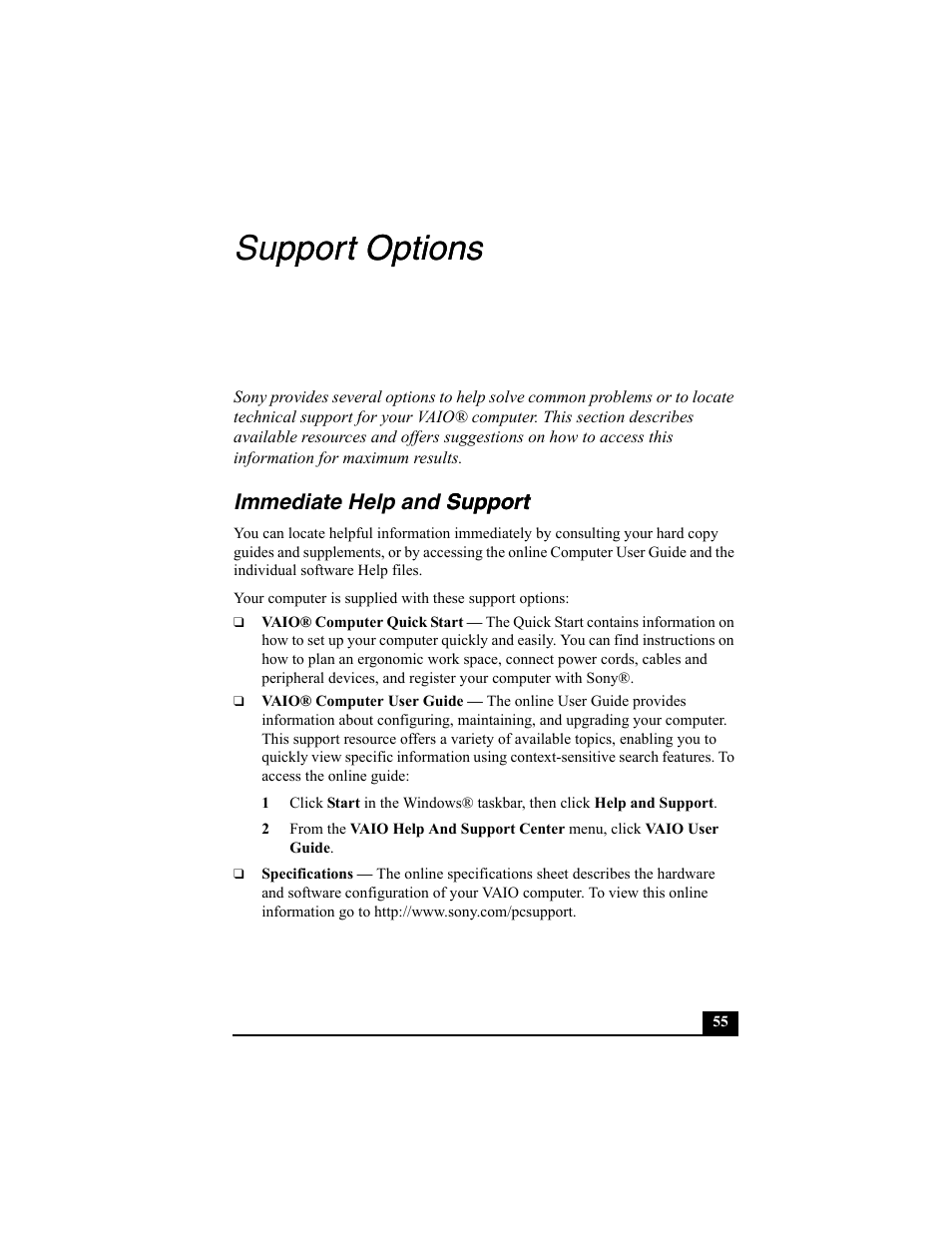 Support options, Immediate help and support, Support options pport options | Sony PCV-V200G User Manual | Page 55 / 60