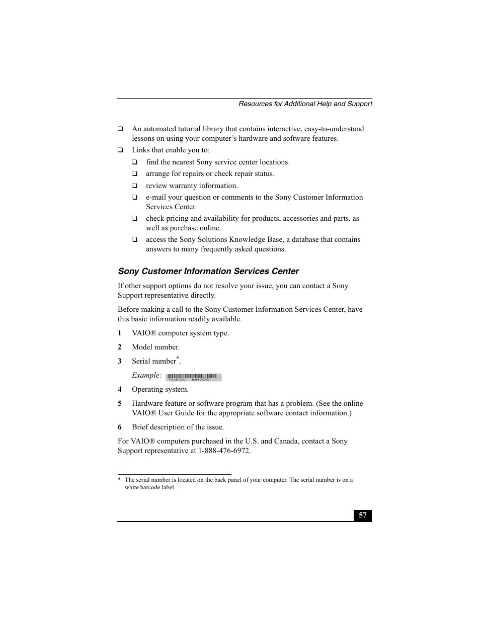 Sony customer information services center | Sony PCV-V200G User Manual | Page 57 / 60