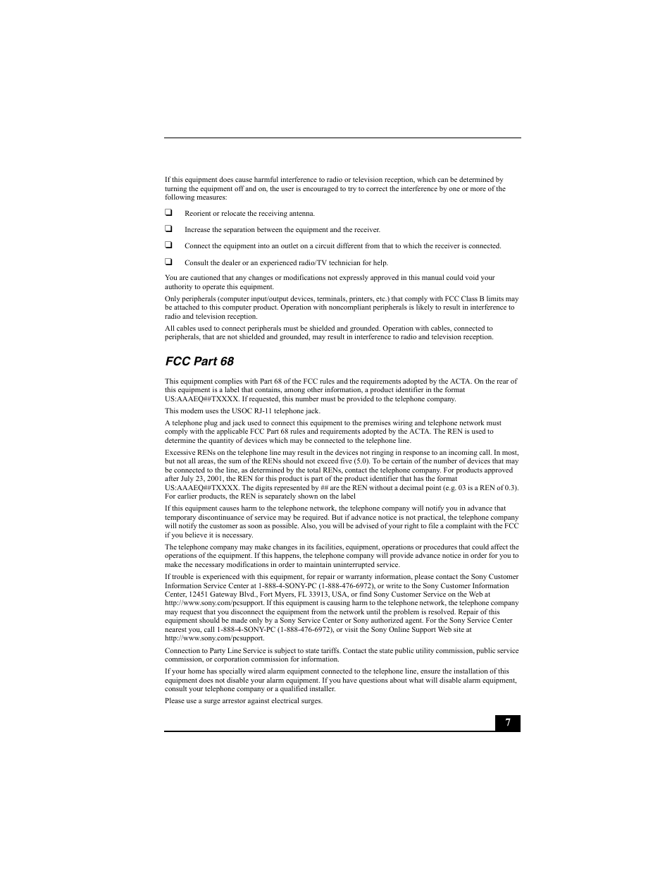 Fcc part 68 | Sony PCV-V200G User Manual | Page 7 / 60