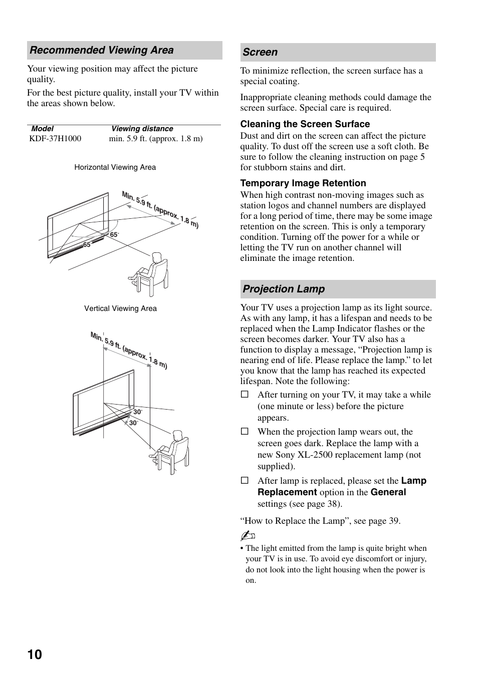 Recommended viewing area, Screen, Projection lamp | Recommended viewing area screen projection lamp, Screen projection lamp | Sony KDF-37H1000 User Manual | Page 10 / 52