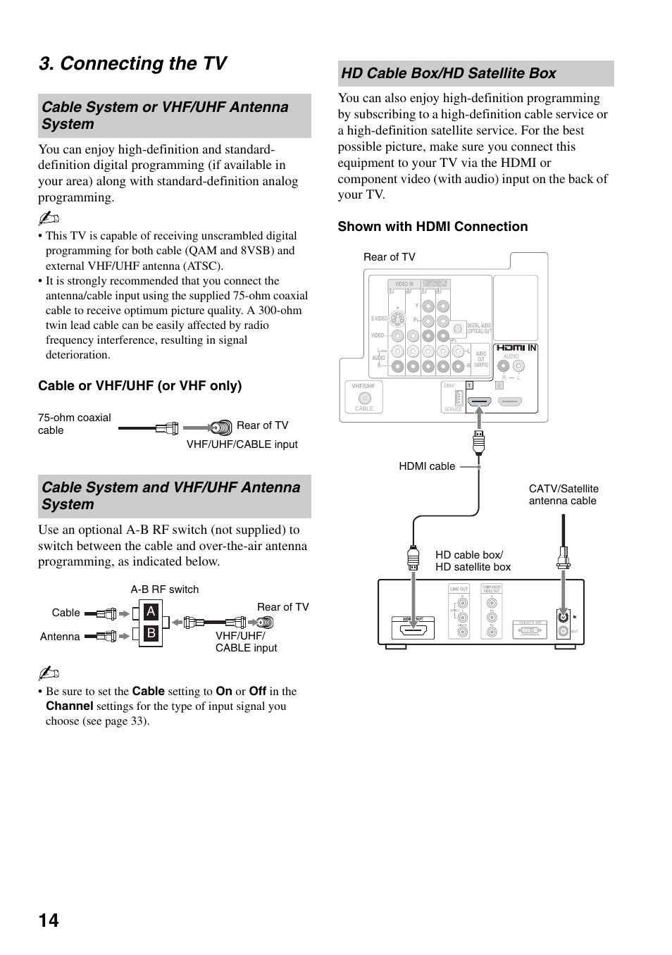 Connecting the tv, Cable system or vhf/uhf antenna system, Cable system and vhf/uhf antenna system | Hd cable box/hd satellite box, Cable system or vhf/uhf antenna, System, Cable system and vhf/uhf antenna, 14 3. connecting the tv | Sony KDF-37H1000 User Manual | Page 14 / 52