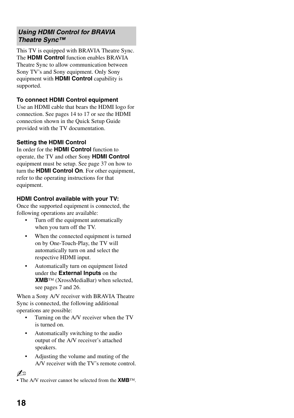 Using hdmi control for bravia theatre sync, Using hdmi control for bravia theatre, Sync | Sony KDF-37H1000 User Manual | Page 18 / 52