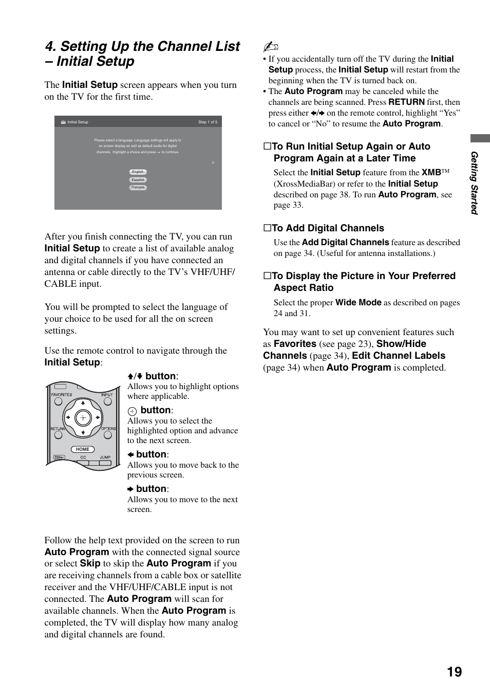 Setting up the channel list - initial setup, Setting up the channel list, Initial setup | Setting up the channel list – initial setup | Sony KDF-37H1000 User Manual | Page 19 / 52