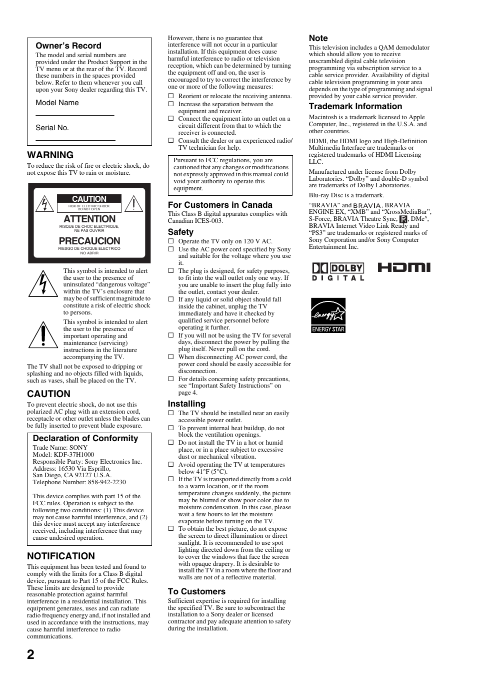 Warning, Caution, Notification | Attention, Precaucion, For customers in canada, Safety, Installing, Trademark information, Owner’s record | Sony KDF-37H1000 User Manual | Page 2 / 52