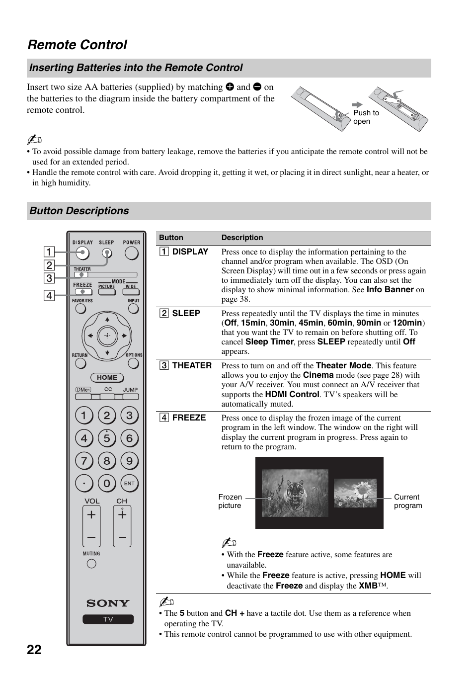 Remote control, Inserting batteries into the remote control, Button descriptions | Inserting batteries into the remote, Control, 22 remote control | Sony KDF-37H1000 User Manual | Page 22 / 52