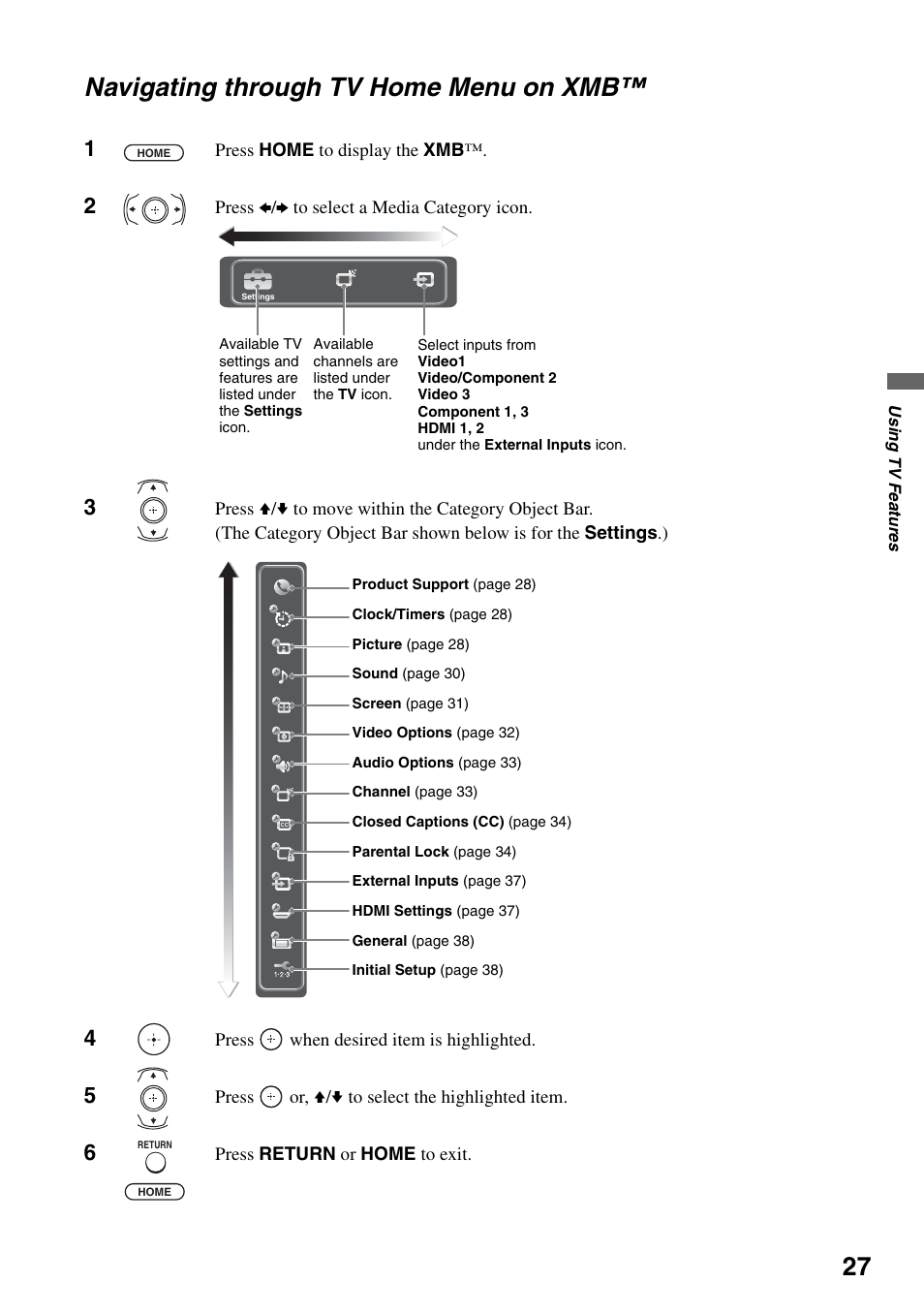 Navigating through tv home menu on xmb, Navigating through tv home menu on | Sony KDF-37H1000 User Manual | Page 27 / 52