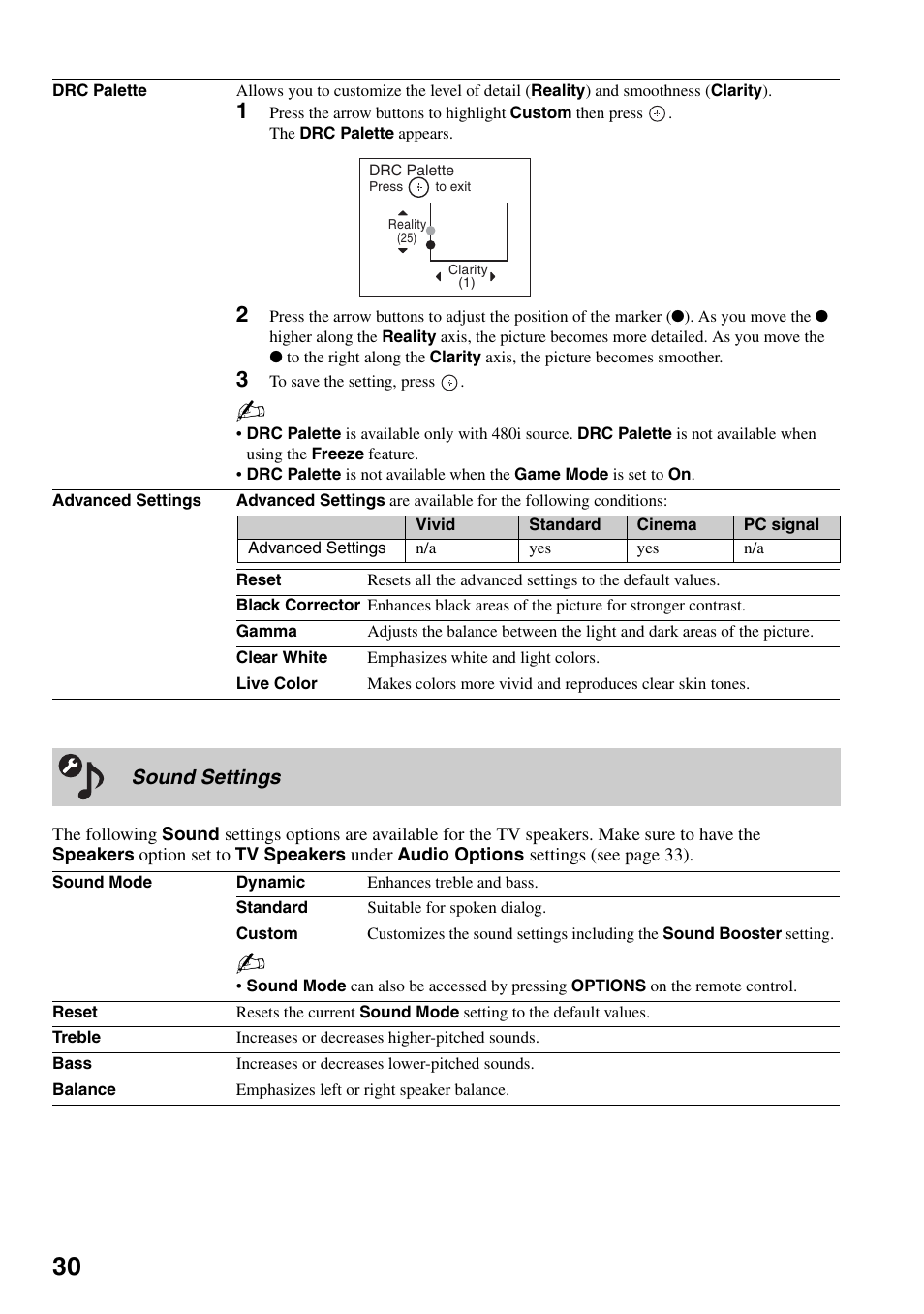 Sound settings | Sony KDF-37H1000 User Manual | Page 30 / 52