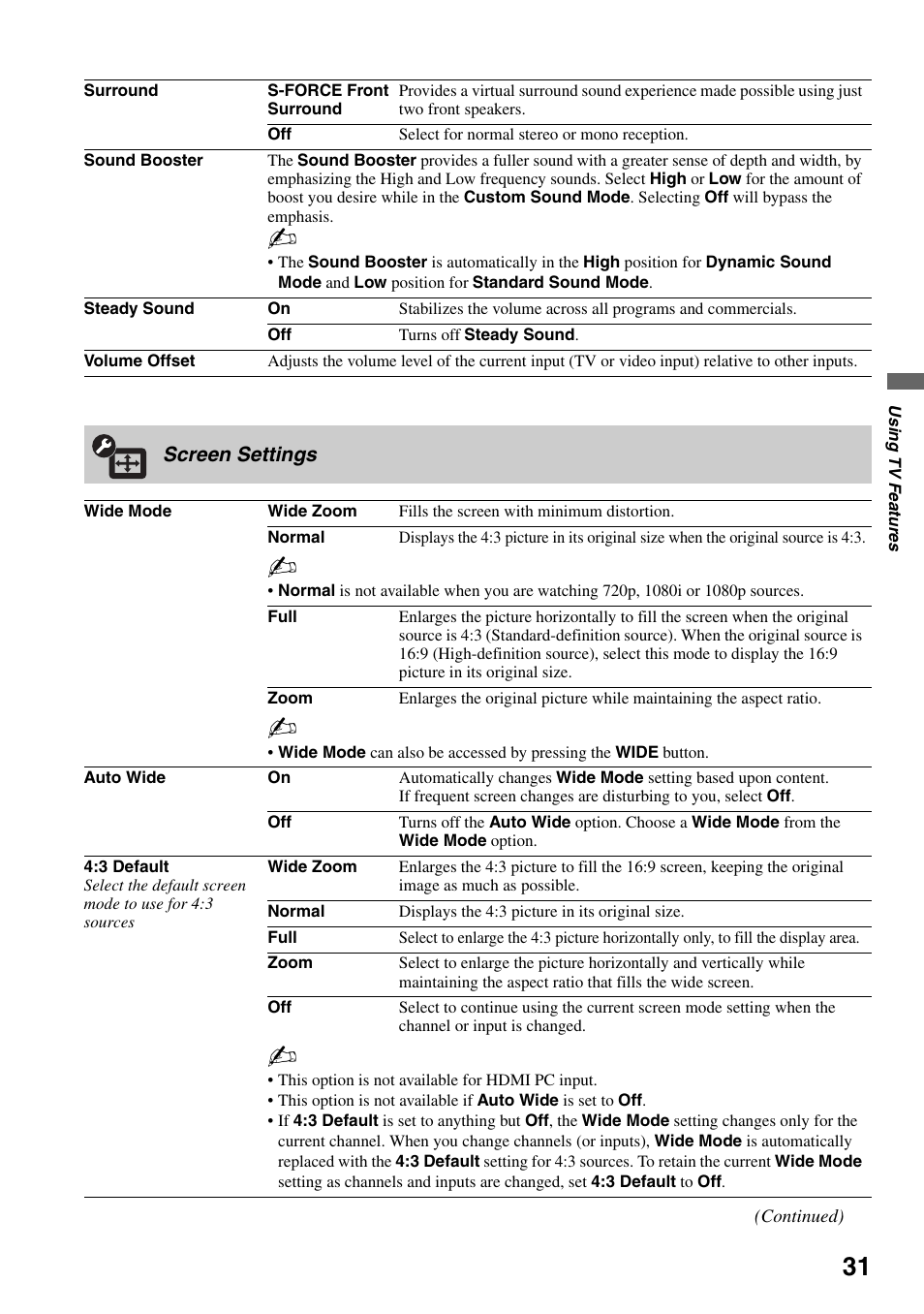 Screen settings | Sony KDF-37H1000 User Manual | Page 31 / 52