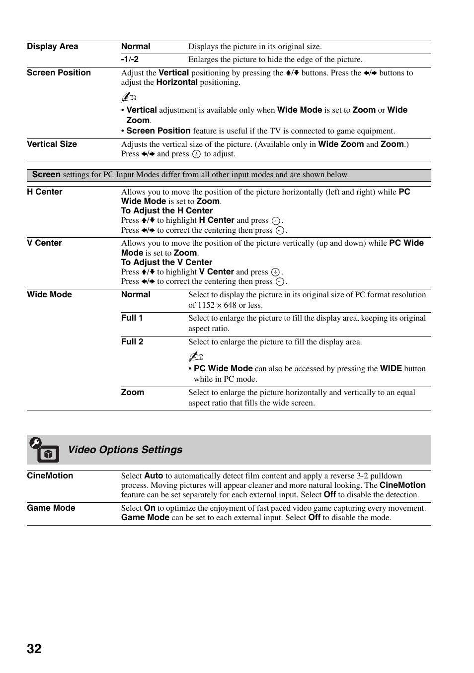 Video options settings | Sony KDF-37H1000 User Manual | Page 32 / 52