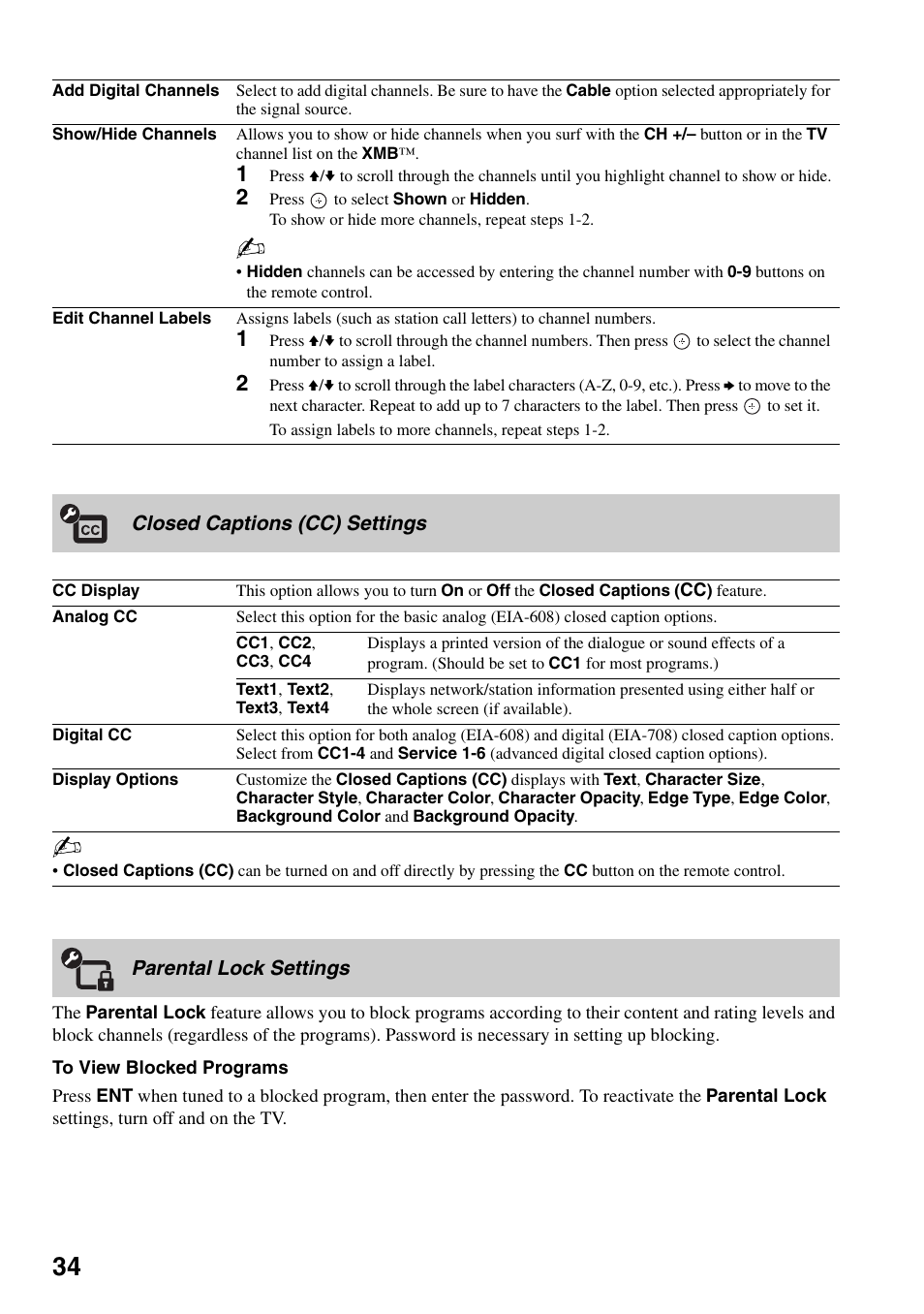 Closed captions (cc) settings, Parental lock settings | Sony KDF-37H1000 User Manual | Page 34 / 52