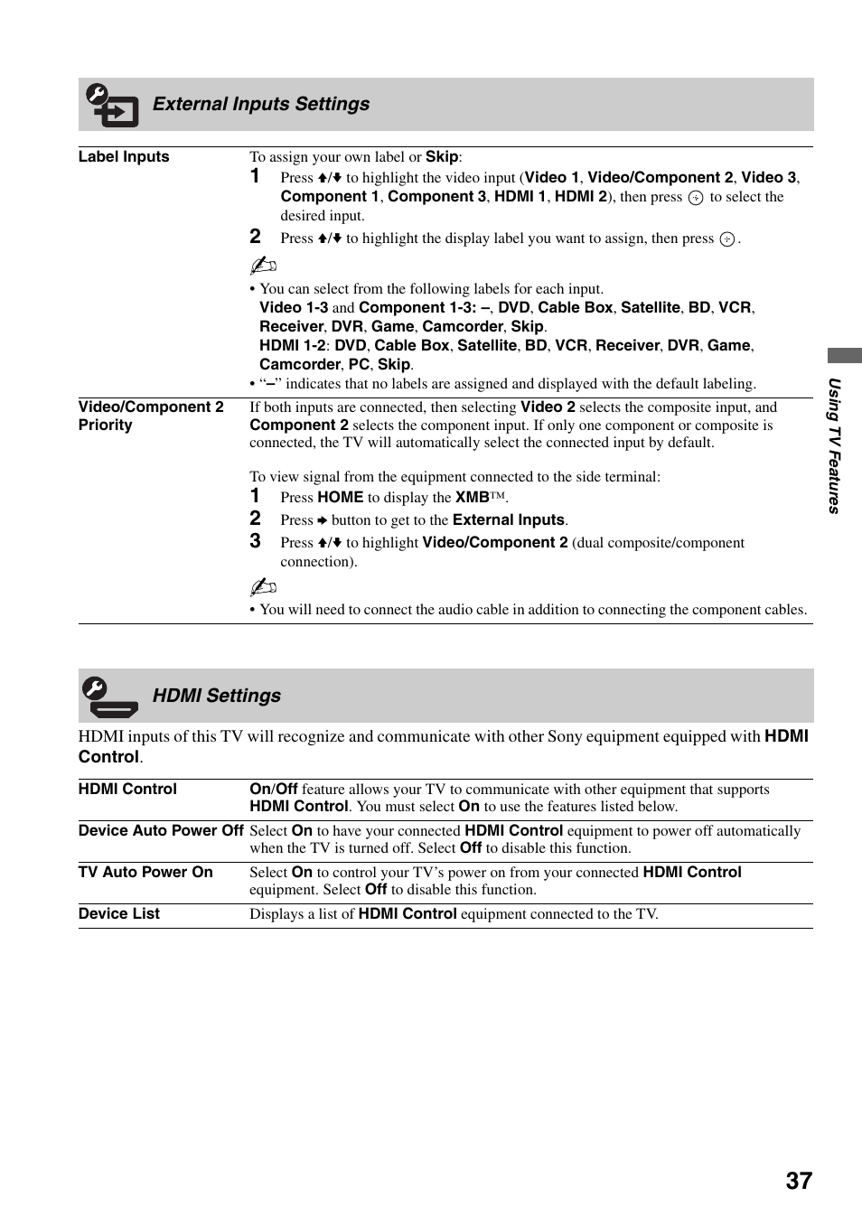 External inputs settings, Hdmi settings, External inputs settings hdmi settings | Sony KDF-37H1000 User Manual | Page 37 / 52