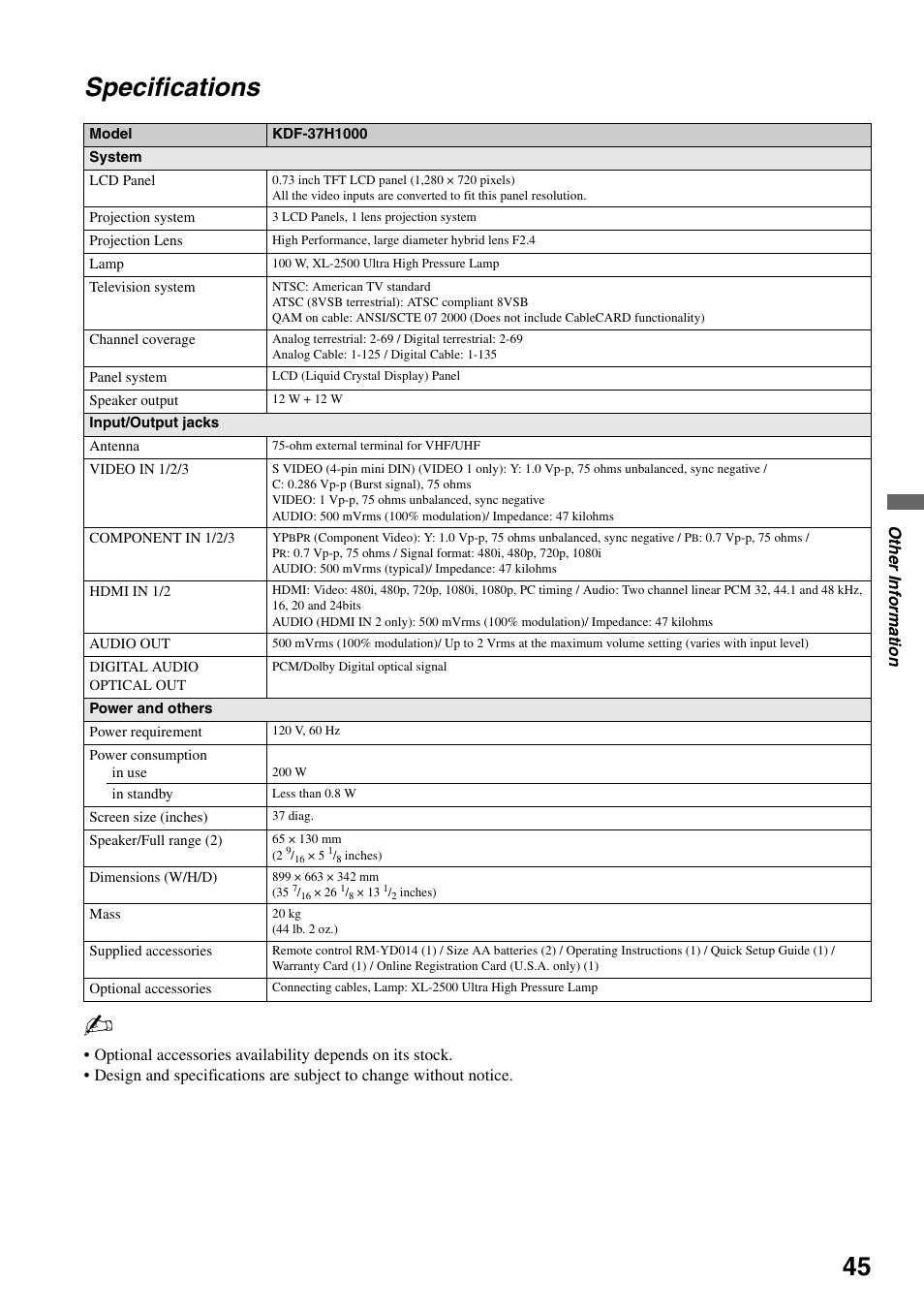 Specifications | Sony KDF-37H1000 User Manual | Page 45 / 52