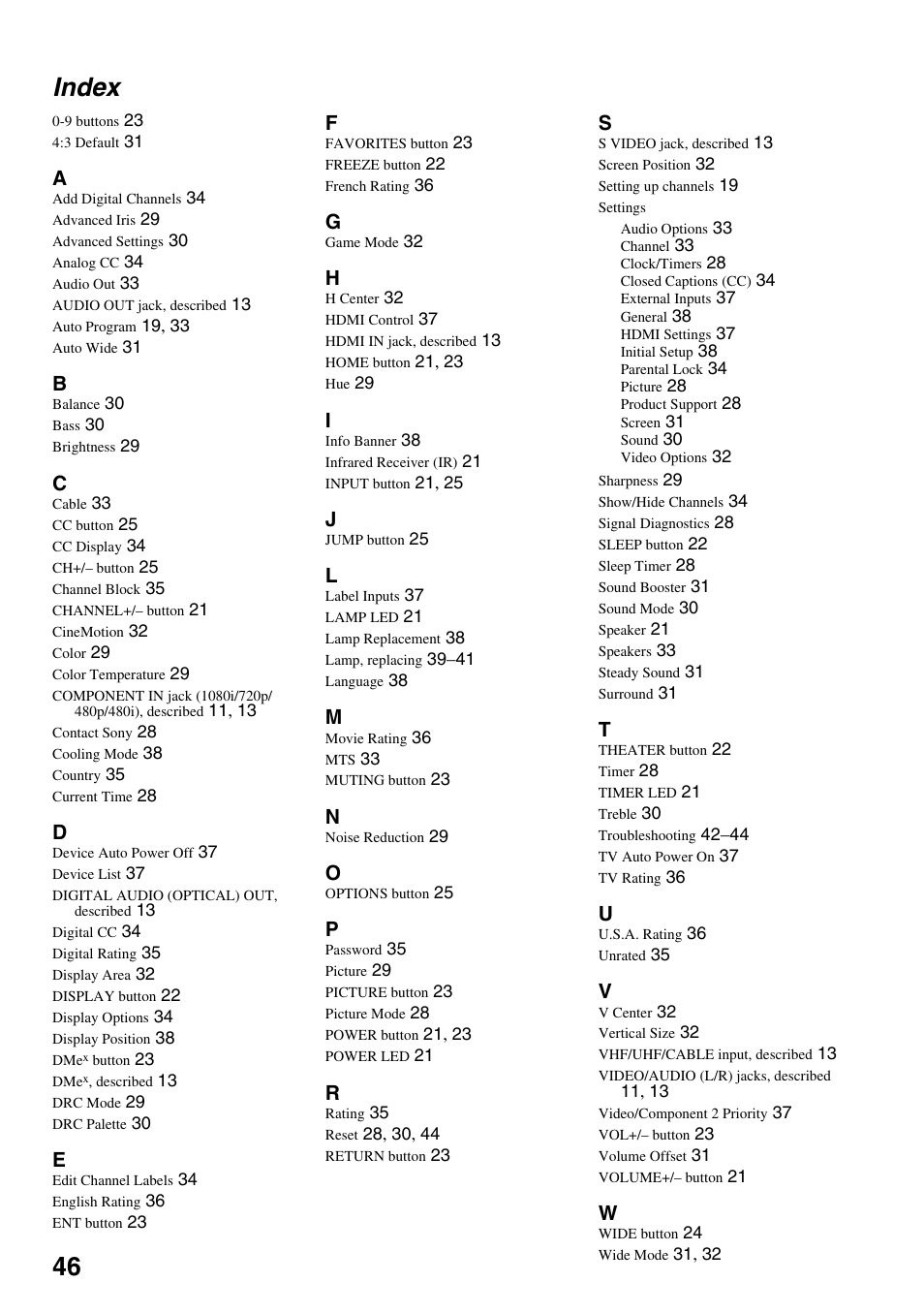 Index, 46 index | Sony KDF-37H1000 User Manual | Page 46 / 52