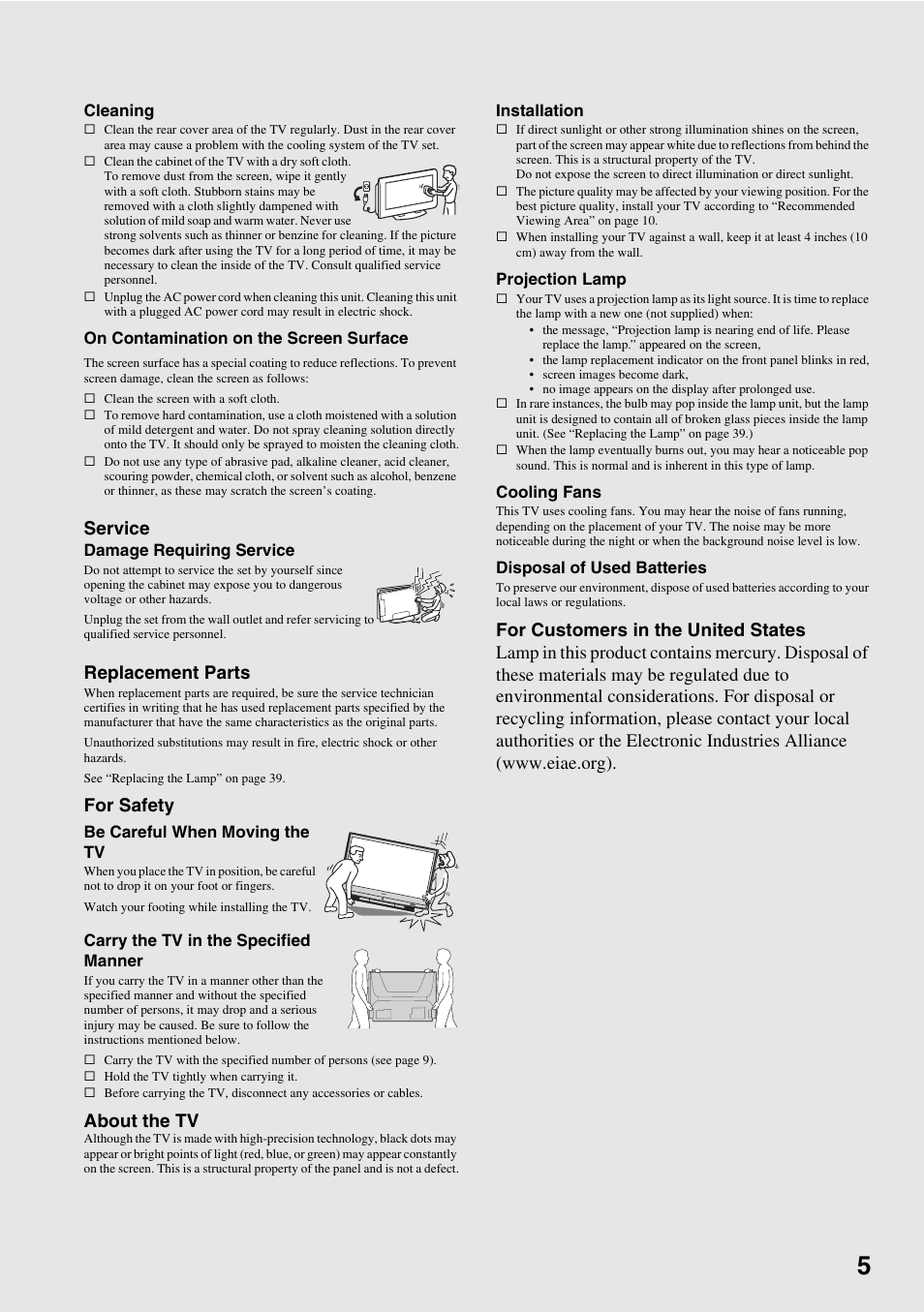 Service, Replacement parts, For safety | About the tv | Sony KDF-37H1000 User Manual | Page 5 / 52