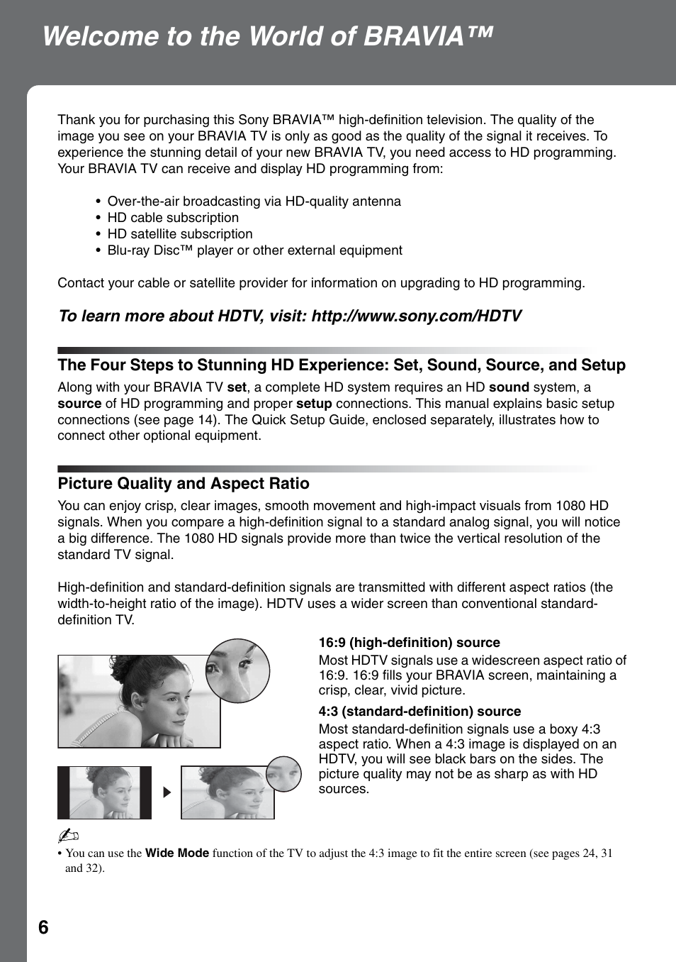 Welcome to the world of bravia, Picture quality and aspect ratio, The four steps to stunning hd experience | Set, sound, source, and setup | Sony KDF-37H1000 User Manual | Page 6 / 52