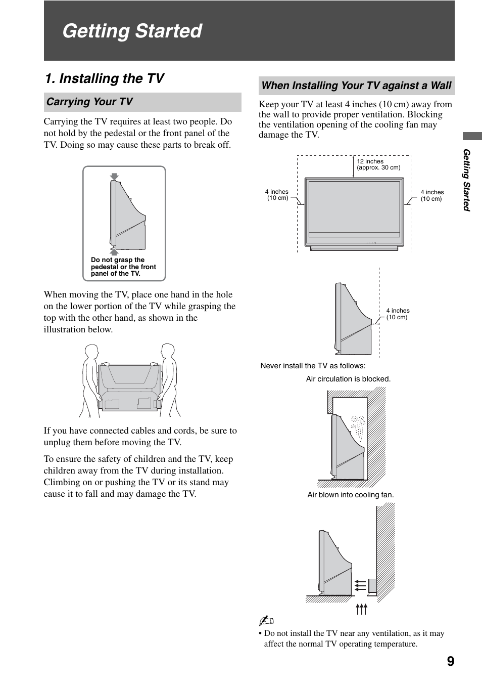 Getting started, Installing the tv, Carrying your tv | When installing your tv against a wall | Sony KDF-37H1000 User Manual | Page 9 / 52