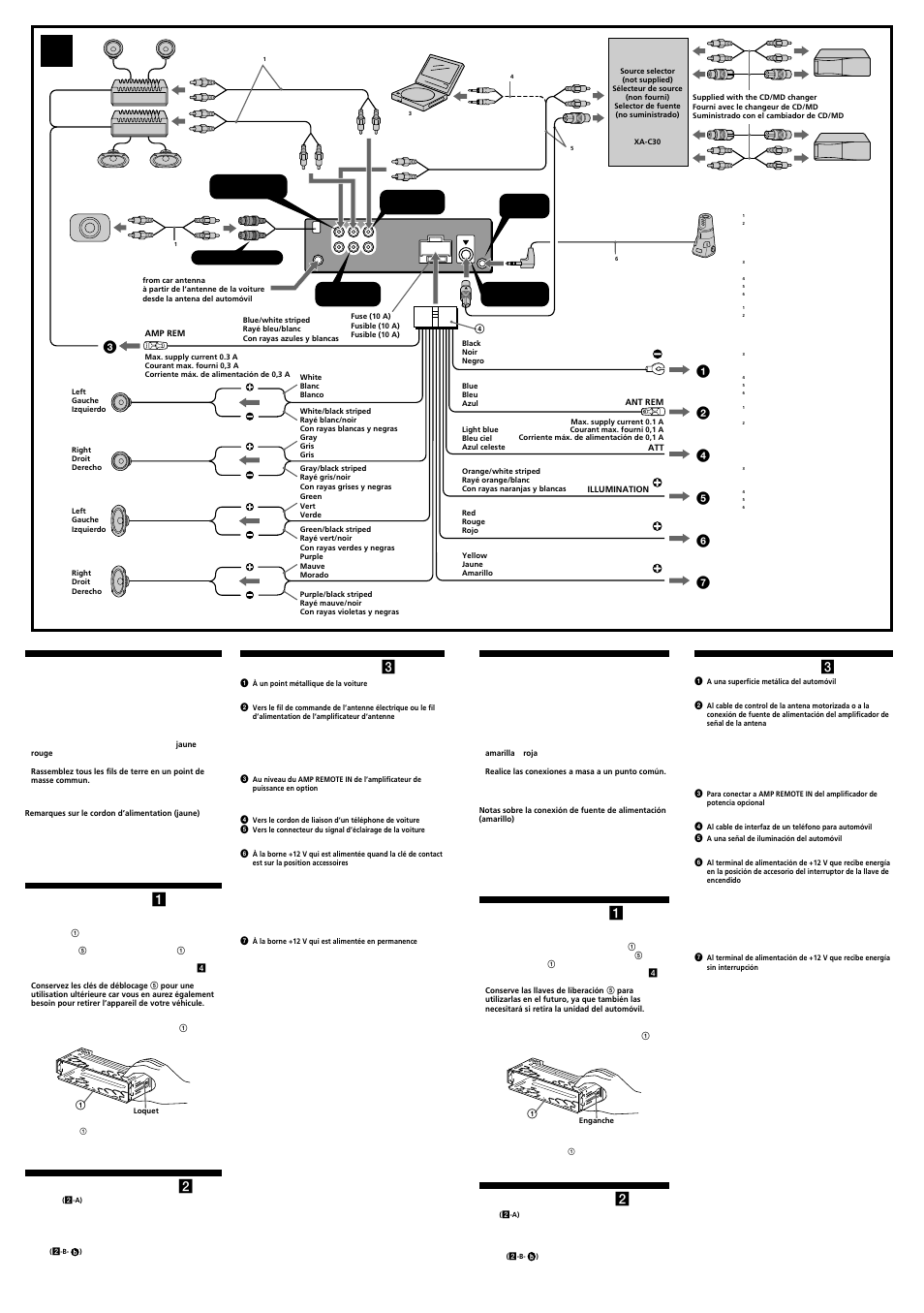 Précautions, Liste des composants ( 1 ), Exemple de raccordement ( 2 ) | Schéma de raccordement ( 3 ), Precauciones, Lista de componentes ( 1 ), Ejemplo de conexiones ( 2 ), Diagrama de conexión ( 3 ) | Sony CDX-M8800 User Manual | Page 2 / 4