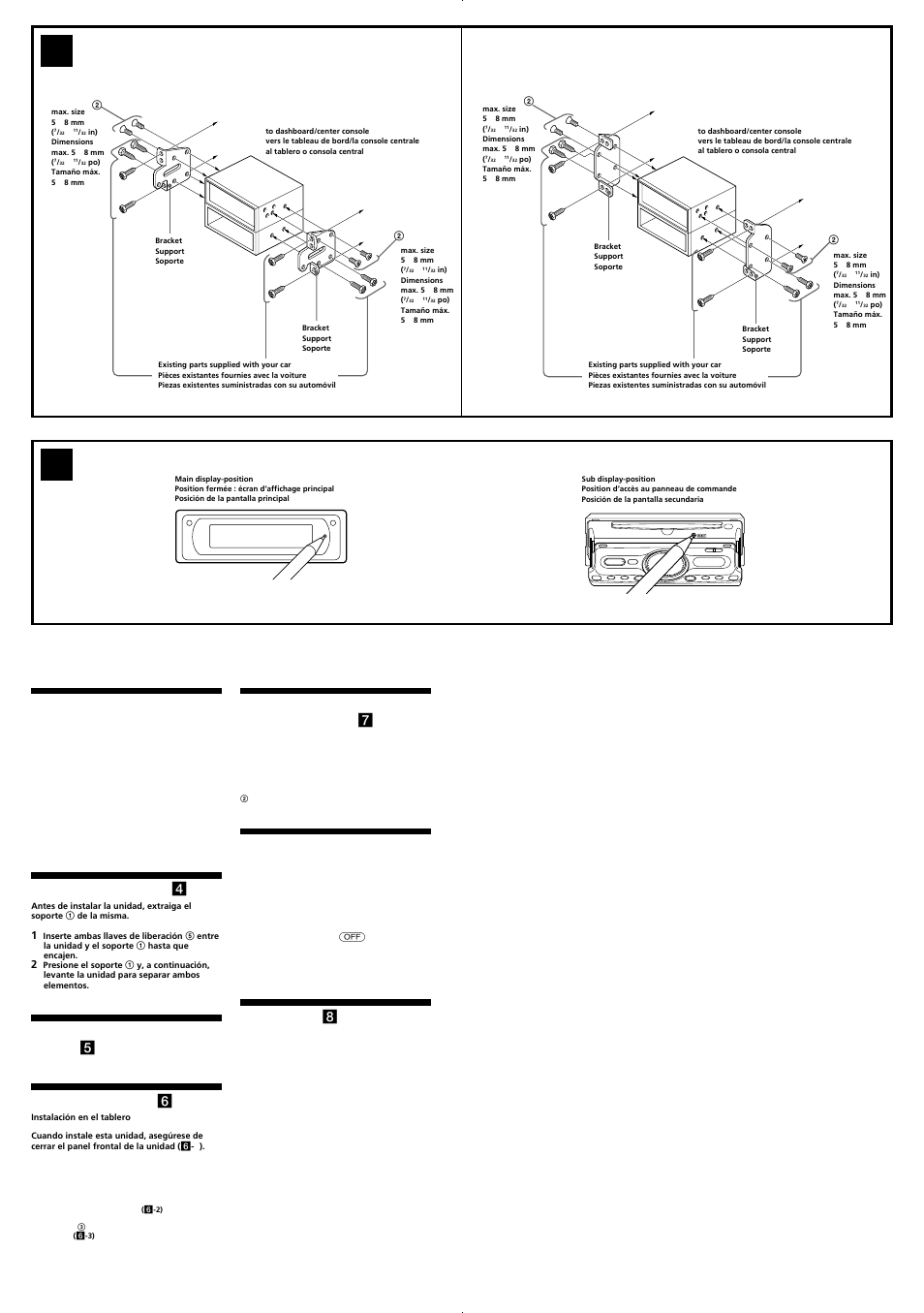 Toyota, Nissan, Precauciones | Extracción del soporte ( 4 ), Montaje de la unidad en un automóvil japonés ( 7 ), Botón reset ( 8 ) | Sony CDX-M8800 User Manual | Page 4 / 4