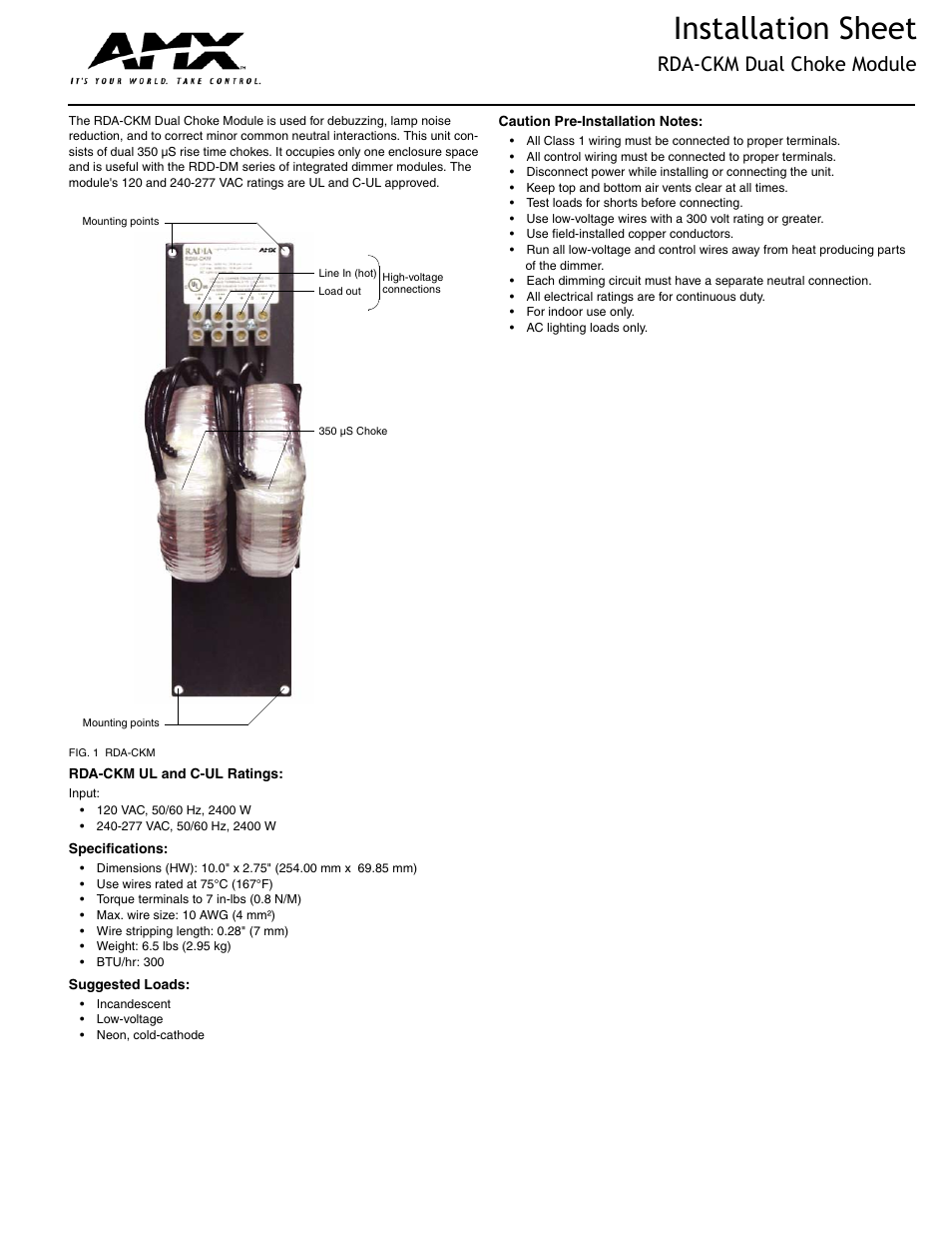 AMX Dual Choke Module RDA-CKM User Manual | 2 pages