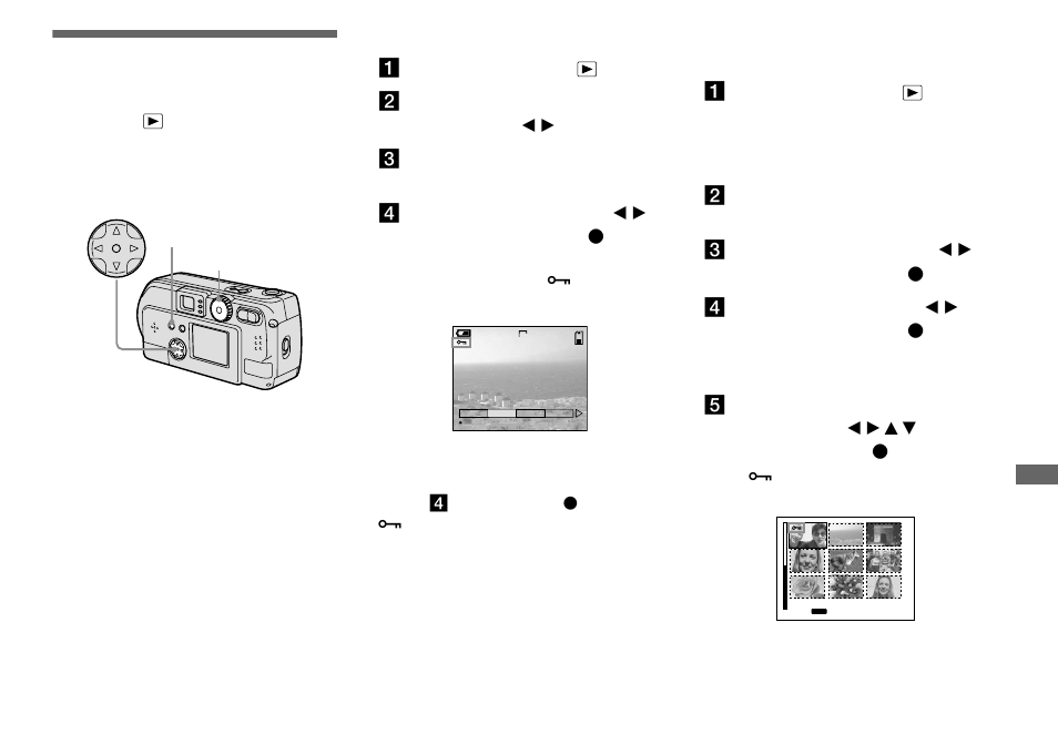 Still image editting, Protecting images, For single images | For index (nine-image) screen, Protecting images (protect), For single images for index (nine-image) screen | Sony DSC-P51 User Manual | Page 69 / 108