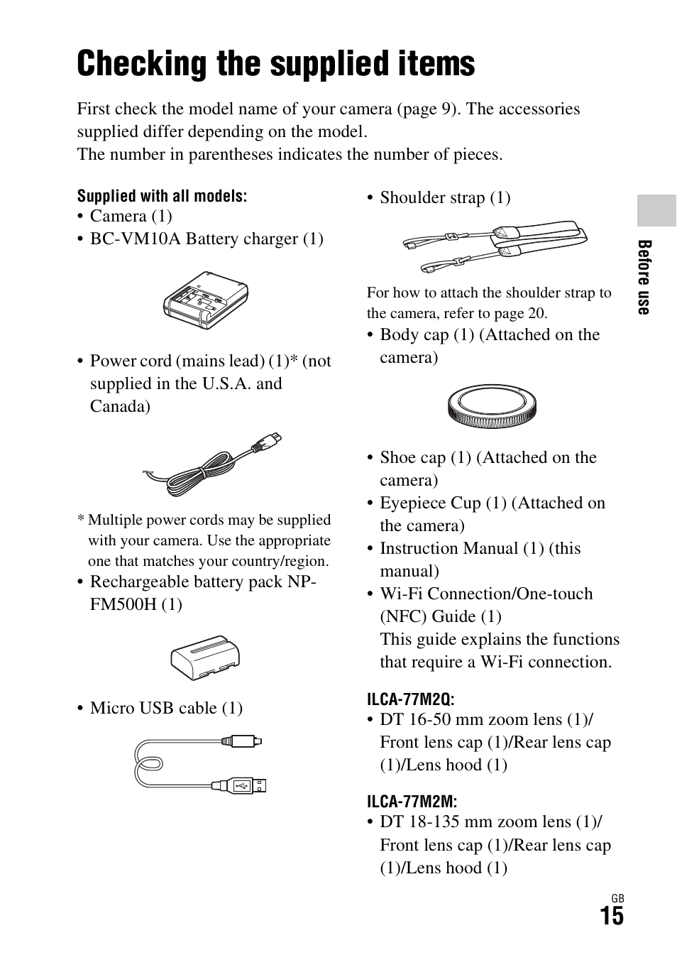 Checking the supplied items, Before use | Sony ILCA-77M2Q User Manual | Page 15 / 92