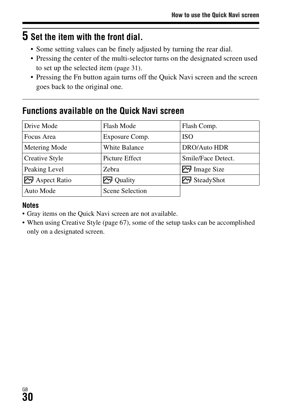 Functions available on the quick navi screen, Set the item with the front dial | Sony ILCA-77M2Q User Manual | Page 30 / 92