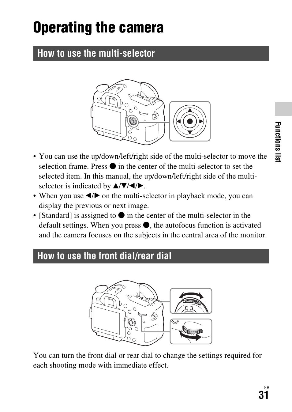 Operating the camera, How to use the multi-selector, How to use the front dial/rear dial | Sony ILCA-77M2Q User Manual | Page 31 / 92