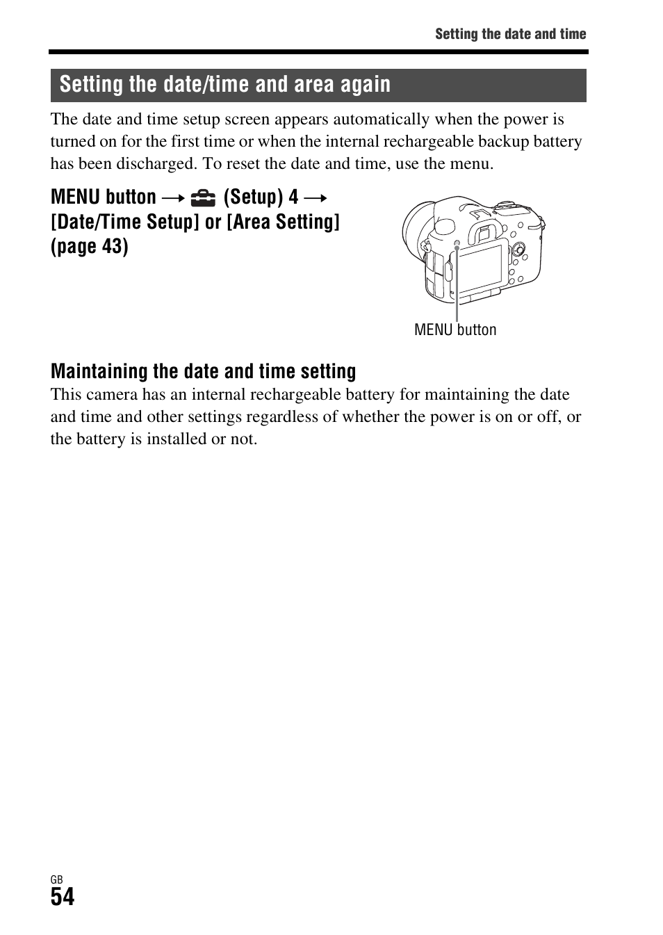 Setting the date/time and area again | Sony ILCA-77M2Q User Manual | Page 54 / 92