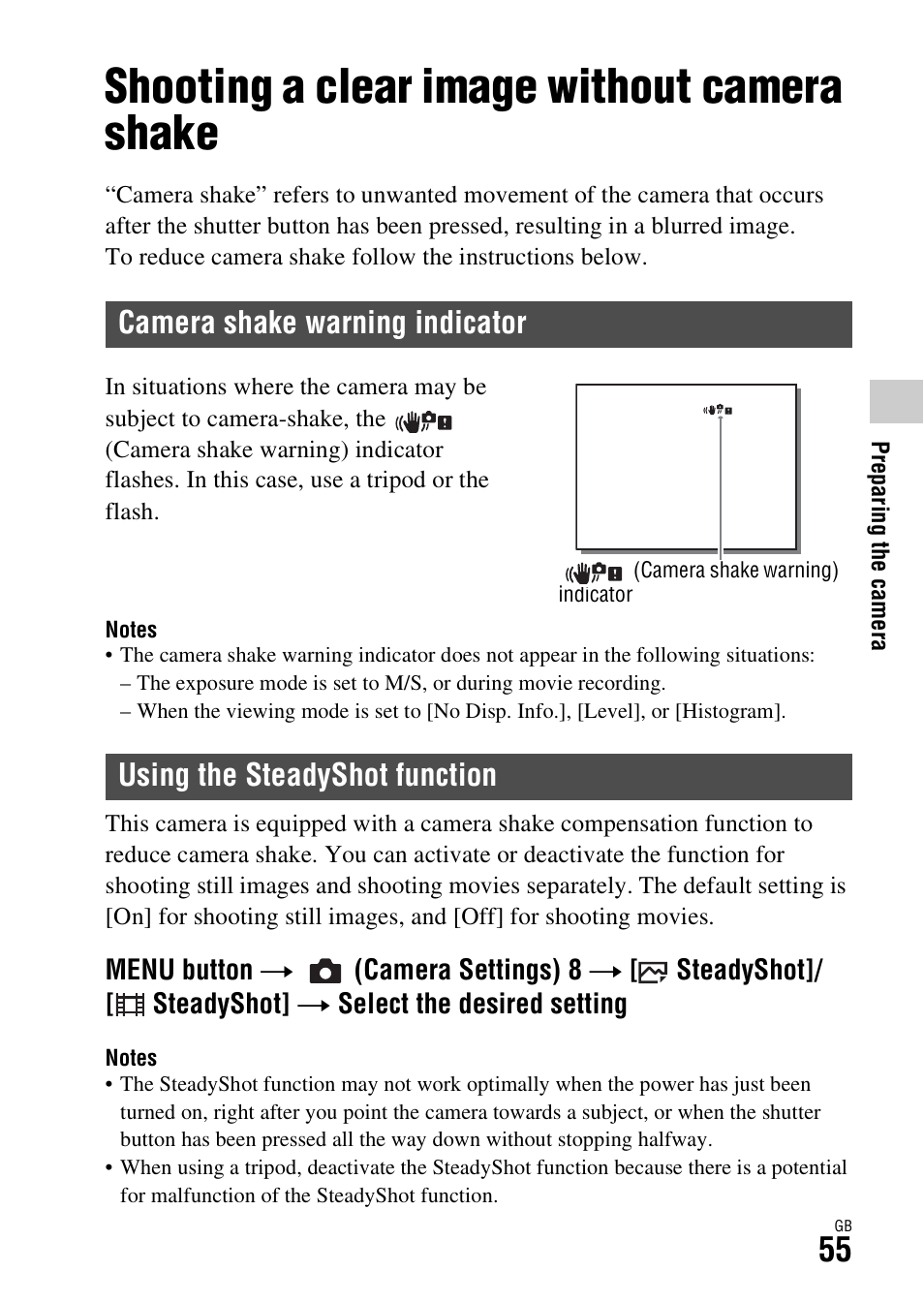 Shooting a clear image without camera shake, Camera shake warning indicator, Using the steadyshot function | Sony ILCA-77M2Q User Manual | Page 55 / 92