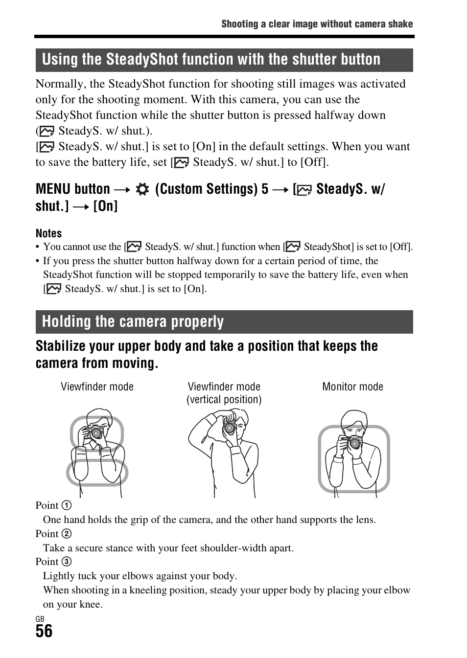 Holding the camera properly, Using the steadyshot function with the shutter, Button | Sony ILCA-77M2Q User Manual | Page 56 / 92