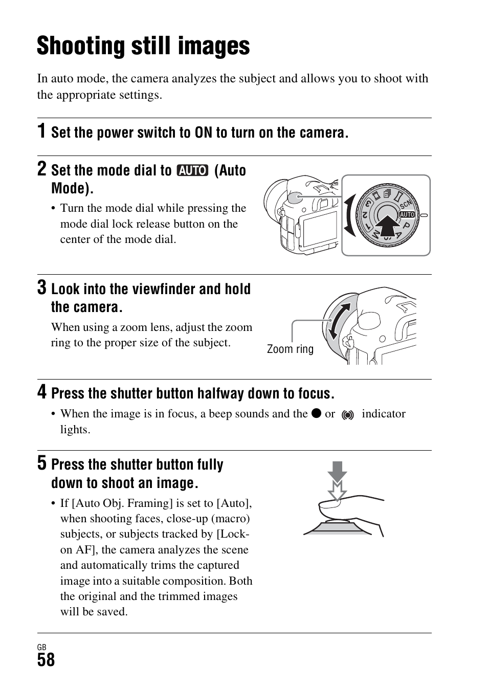 Shooting and viewing images, Shooting still images | Sony ILCA-77M2Q User Manual | Page 58 / 92