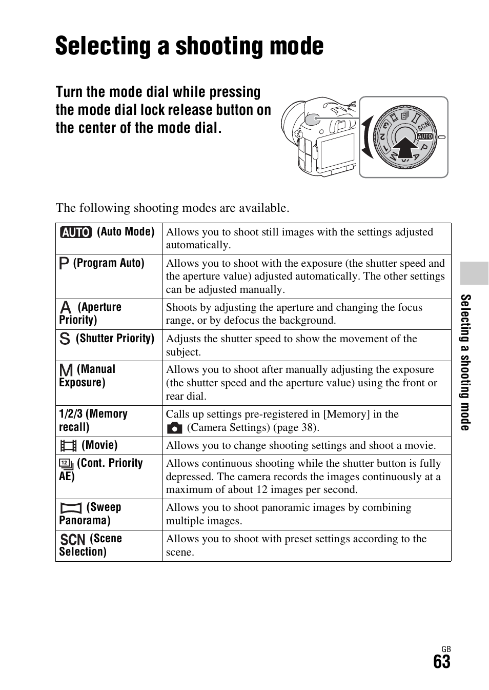 Selecting a shooting mode, Ode (63), Speed (63) | Sony ILCA-77M2Q User Manual | Page 63 / 92