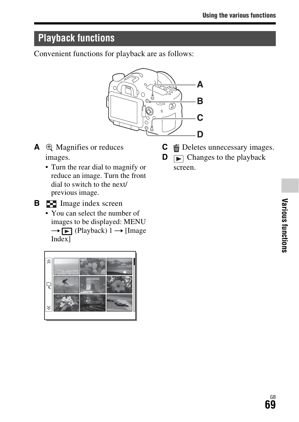 Playback functions, N (69) | Sony ILCA-77M2Q User Manual | Page 69 / 92