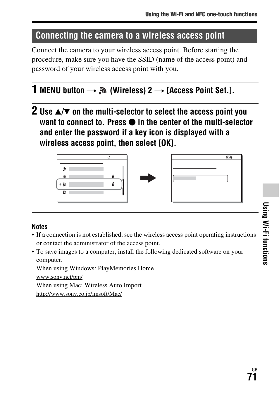 Connecting the camera to a wireless access point | Sony ILCA-77M2Q User Manual | Page 71 / 92