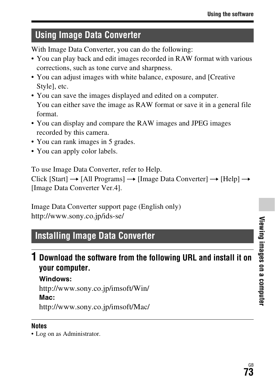 Using image data converter, Installing image data converter | Sony ILCA-77M2Q User Manual | Page 73 / 92