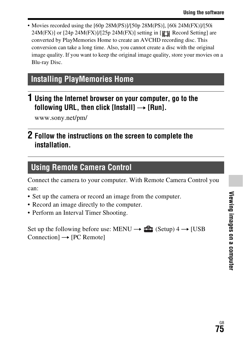 Installing playmemories home, Using remote camera control | Sony ILCA-77M2Q User Manual | Page 75 / 92