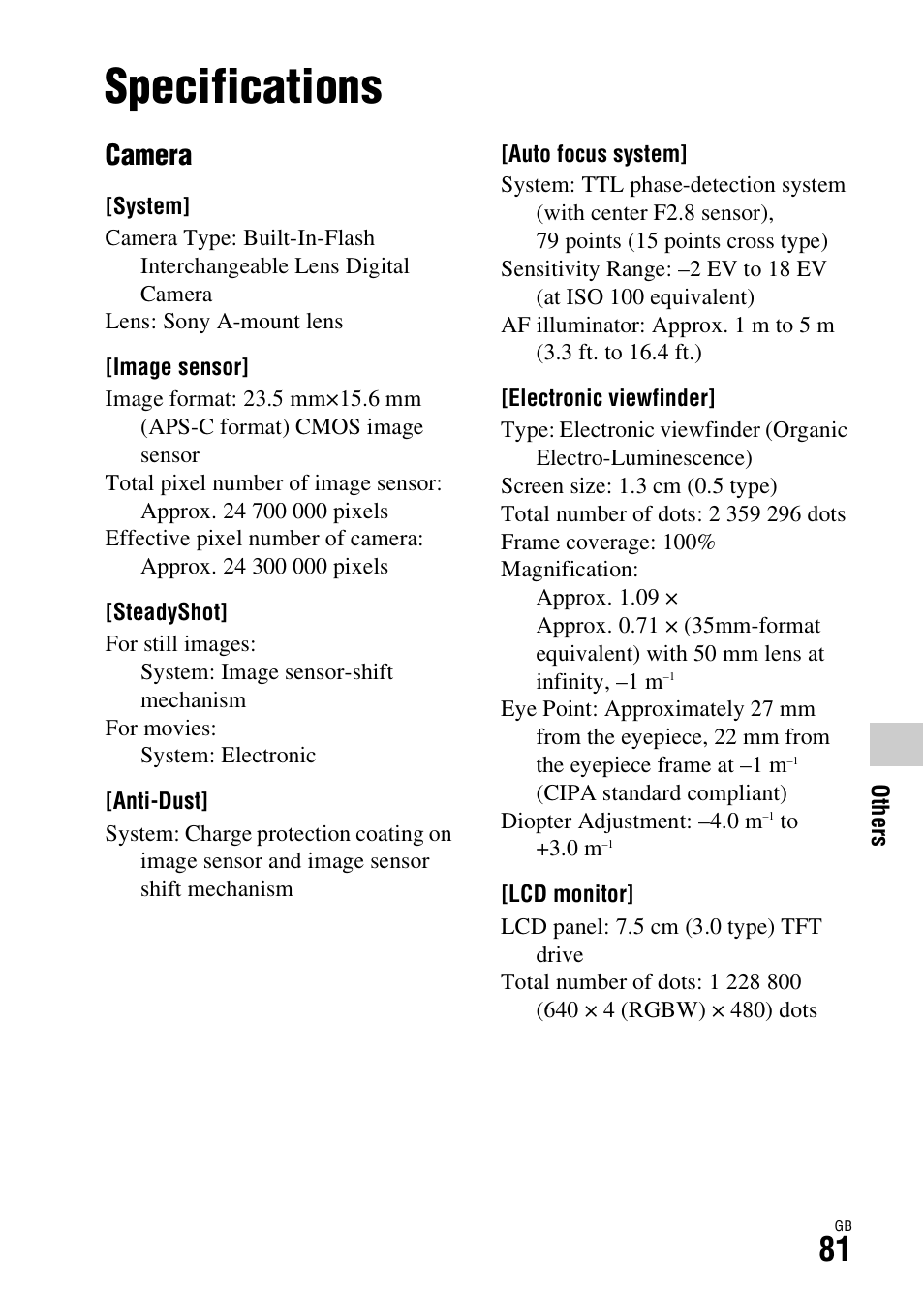 Specifications, Camera | Sony ILCA-77M2Q User Manual | Page 81 / 92