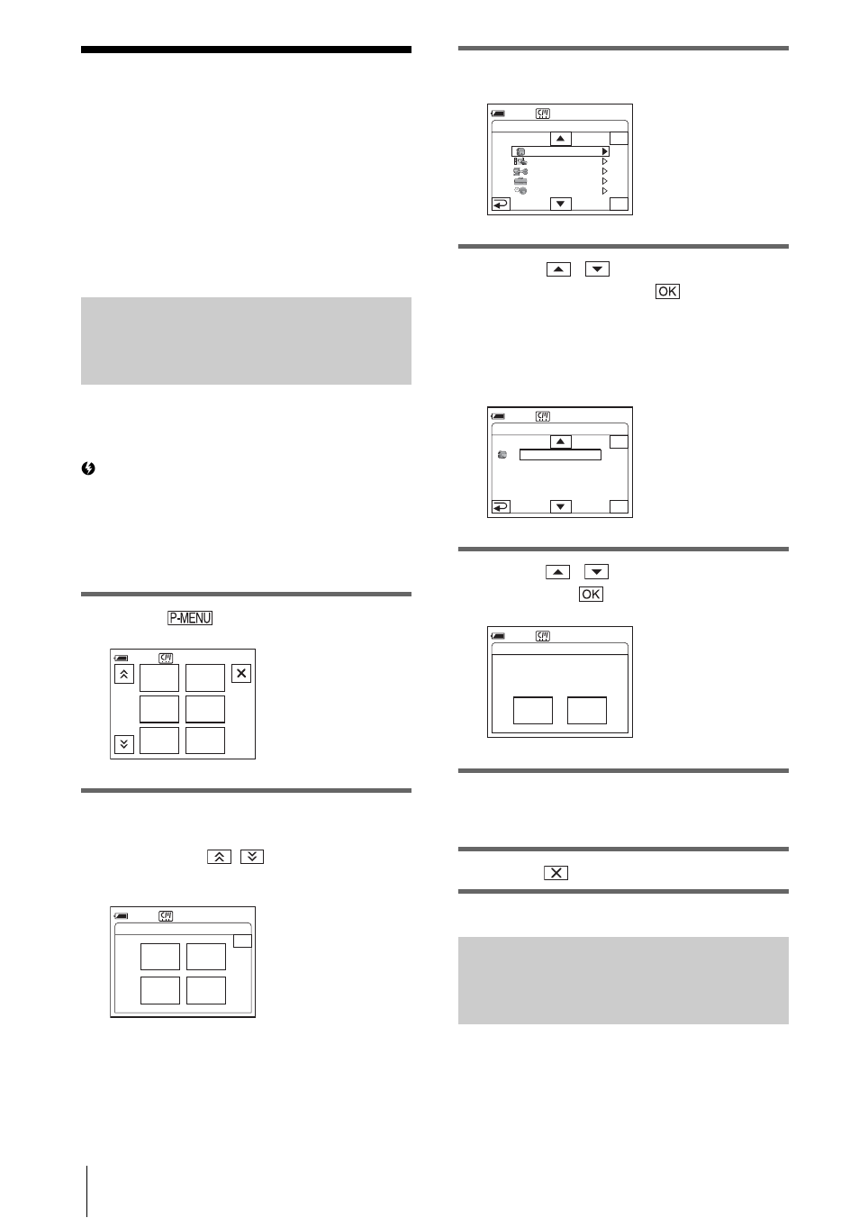 Customizing personal menu, P. 72), Adding a menu — add | Deleting menu — delete, Touch, Touch [p-menu set up, Touch [add, Touch / to select a menu category, then touch, Touch / to select a menu item, then touch, Touch [yes | Sony DCR-IP1 User Manual | Page 72 / 116