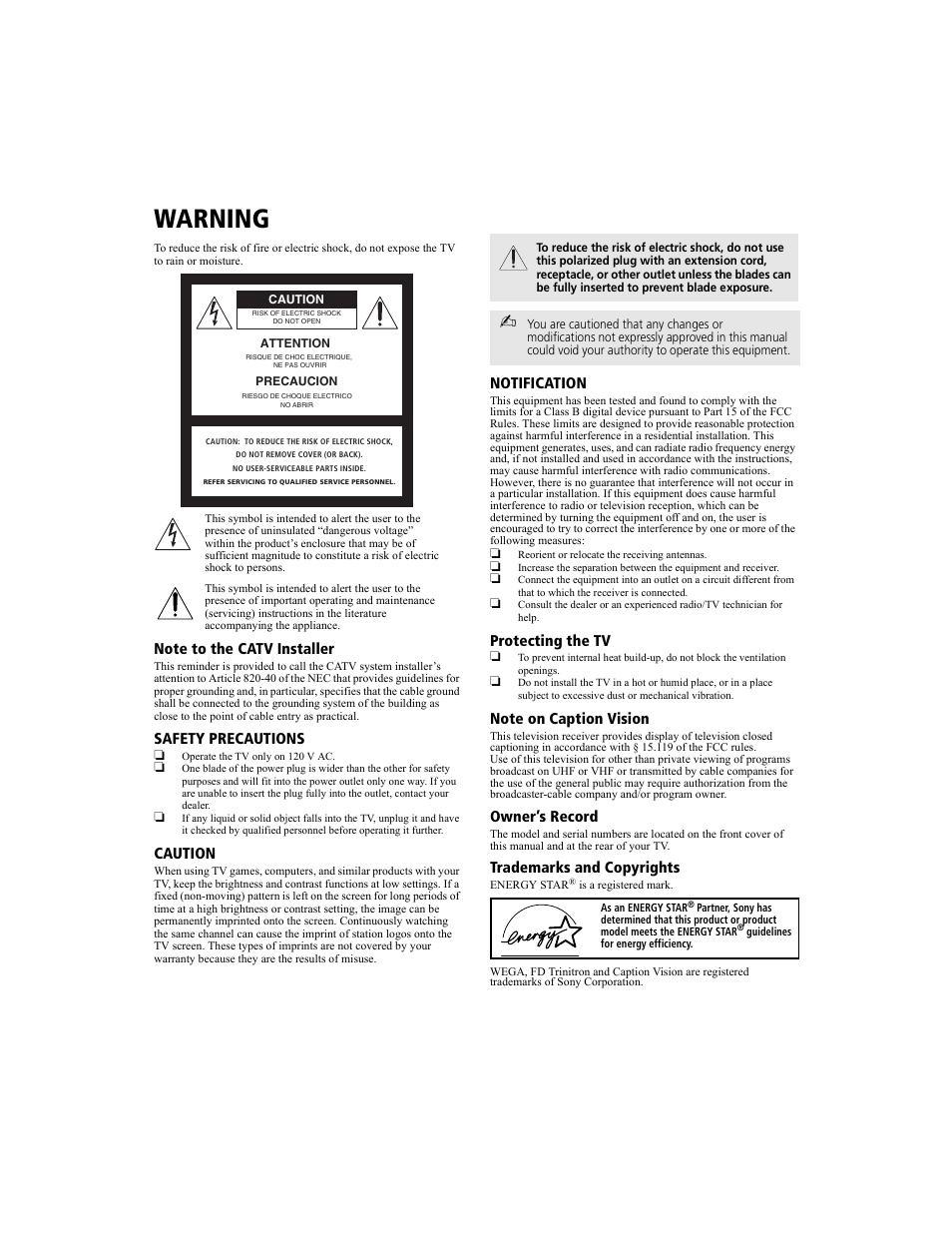 Warning, Connecting additional equipment, Safety precautions | Caution, Notification, Protecting the tv, Owner’s record, Trademarks and copyrights | Sony KV-36FS100 User Manual | Page 3 / 64
