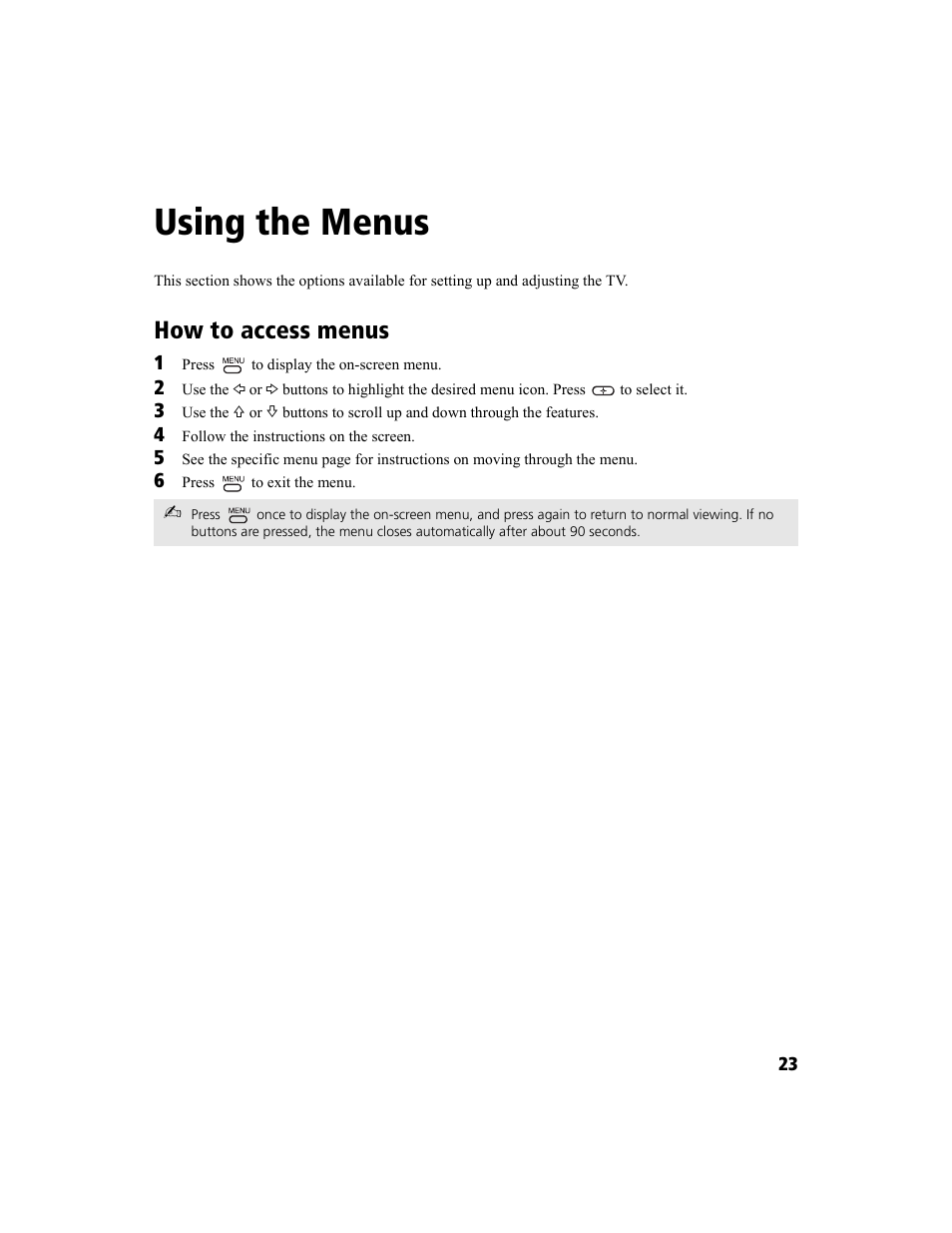 Using the menus, How to access menus | Sony KV-36FS100 User Manual | Page 31 / 64