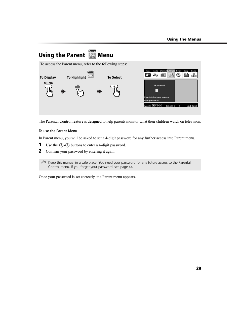 Using the parent menu | Sony KV-36FS100 User Manual | Page 37 / 64
