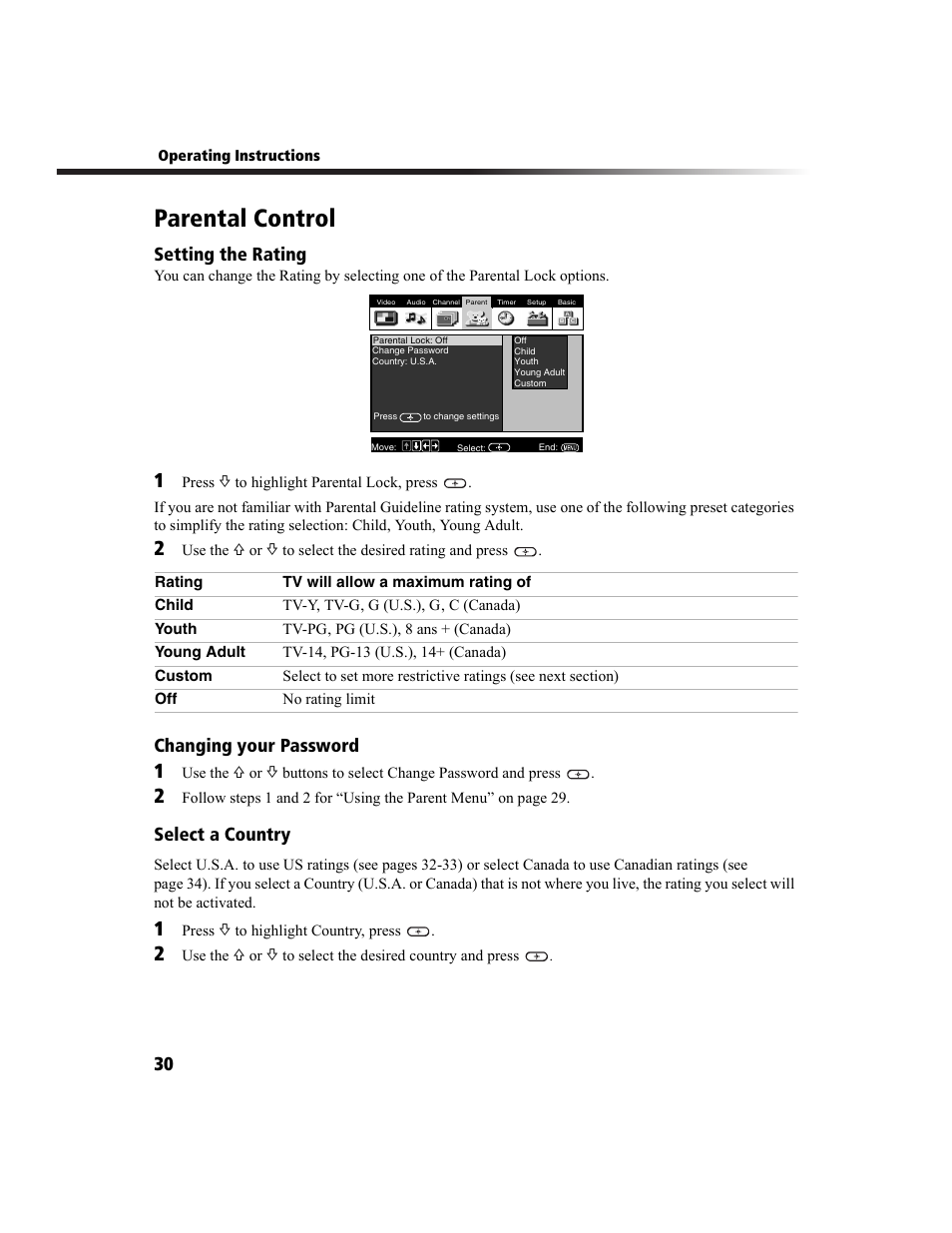 Parental control, Setting the rating, Changing your password | Select a country | Sony KV-36FS100 User Manual | Page 38 / 64
