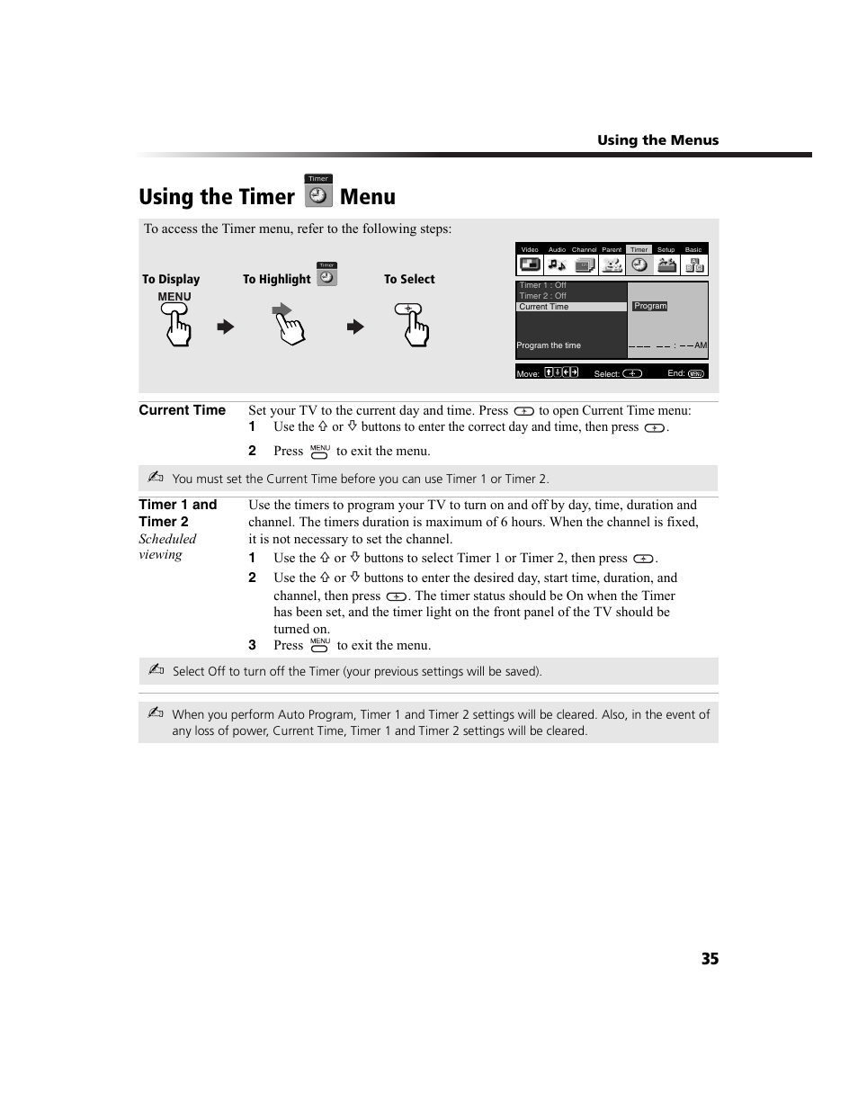 Using the timer menu | Sony KV-36FS100 User Manual | Page 43 / 64