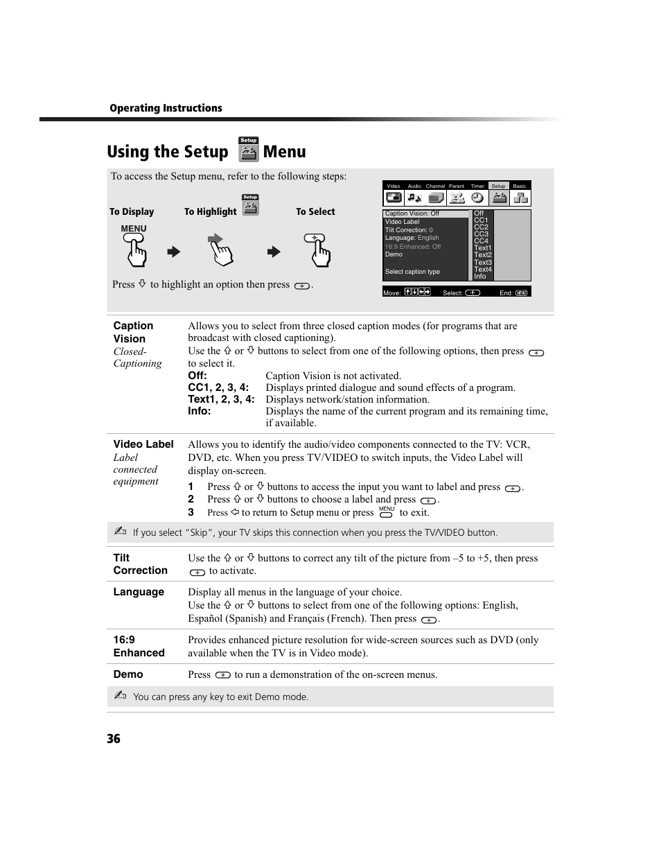 Using the setup menu | Sony KV-36FS100 User Manual | Page 44 / 64