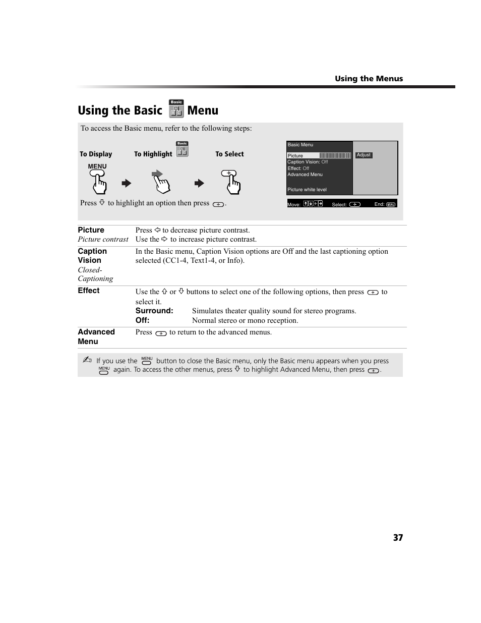 Using the basic menu | Sony KV-36FS100 User Manual | Page 45 / 64