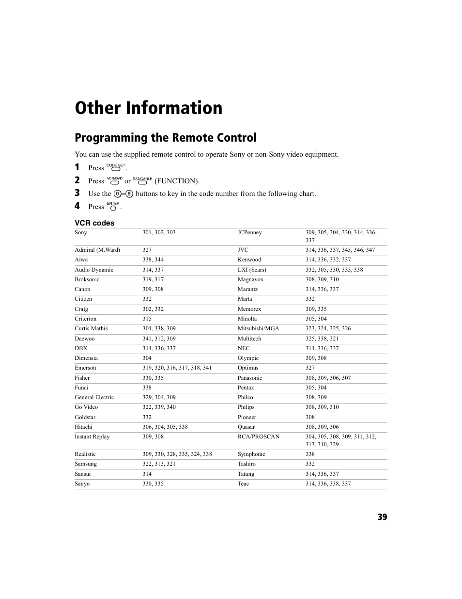 Other information, Programming the remote control | Sony KV-36FS100 User Manual | Page 47 / 64