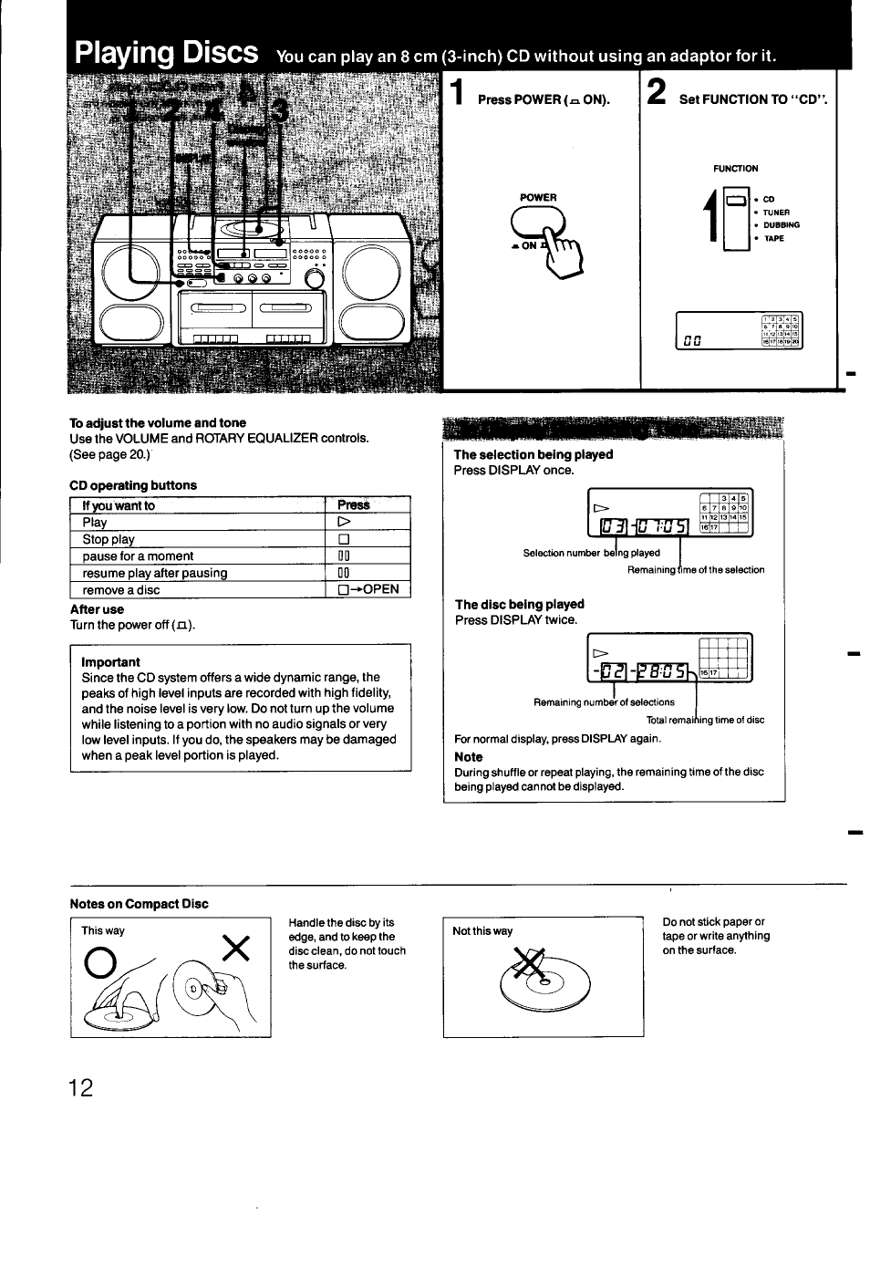 X-ji::«* 3, Playing discs | Sony CFD-470 User Manual | Page 12 / 34