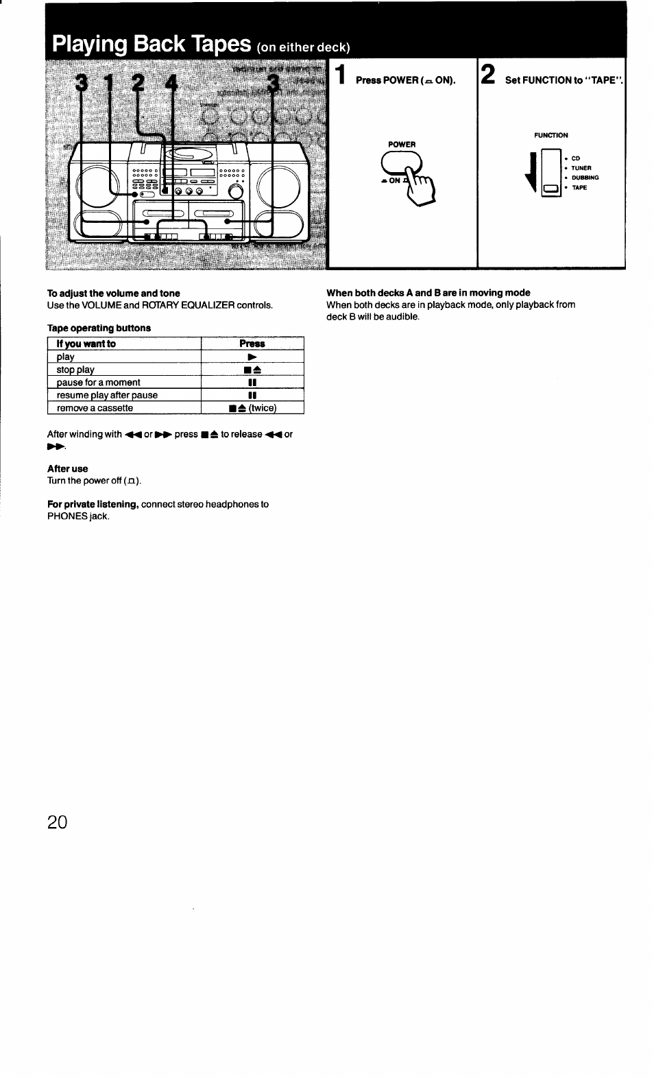 Playing back tapes (on either deck), To adjust the volume and tone, When both decks a and b are in moving mode | After use, Playing back tapes, On either deck) | Sony CFD-470 User Manual | Page 20 / 34