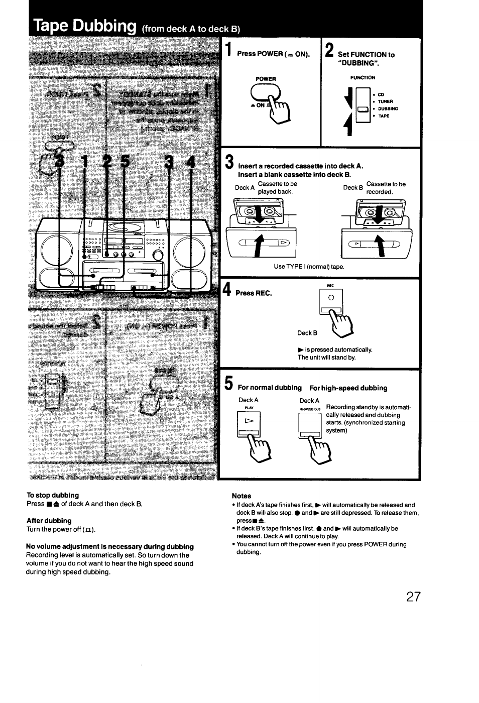 Tape dubbing | Sony CFD-470 User Manual | Page 27 / 34