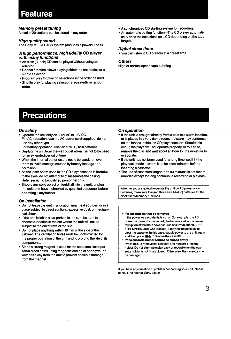 Features, Precautions, Features precautions | Sony CFD-470 User Manual | Page 3 / 34